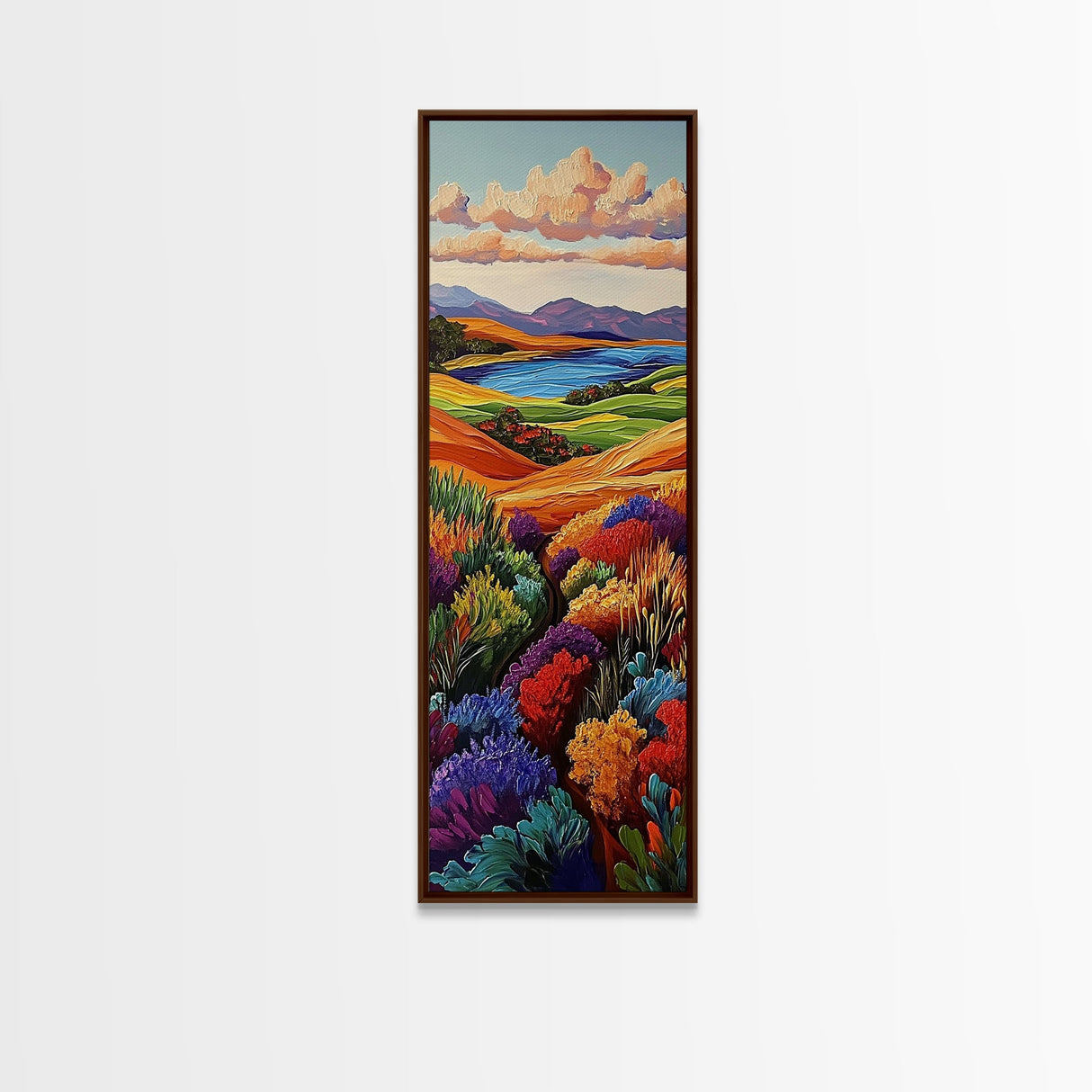Wildflower Valley, Hillside, Sunset – Canvas Print fall landscape, boho decor, living room wall art, colorful nature art, autumn painting
