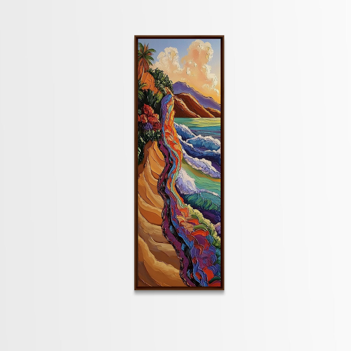 Cliffside Ocean, Rainbow, Waves – Canvas Print bold beach artwork, coastal living room art, tropical ocean scene, textured vibrant painting