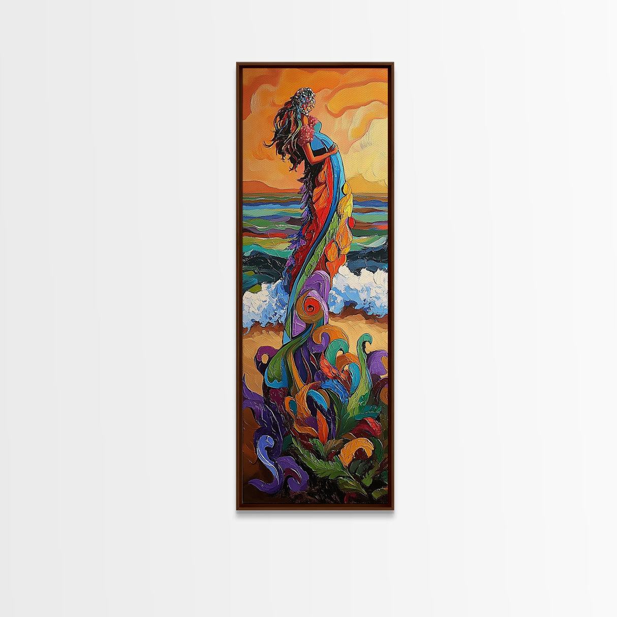 Mother Ocean, Rainbow, Canvas Print, Colorful mother nature figure by ocean painting, whimsical spiritual art, meditation room wall art