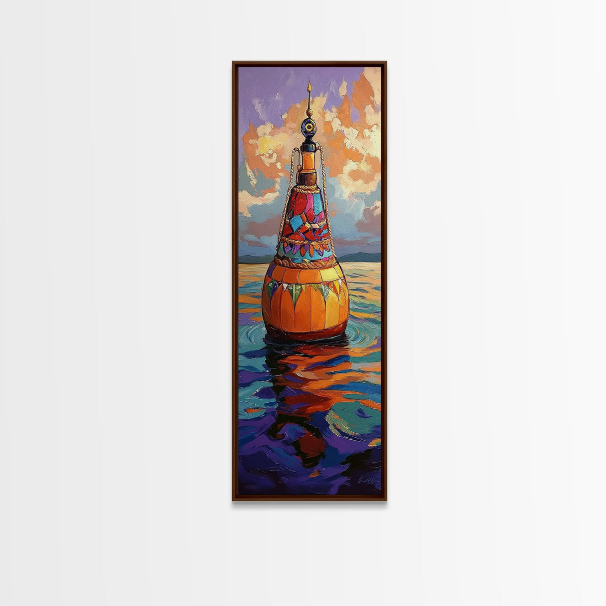 Vibrant Buoy, Sunset Waterscape – Nautical Wall Decor, Coastal Art, Ocean Room Accent, Framed Canvas Print, Colorful Boho Sea Art