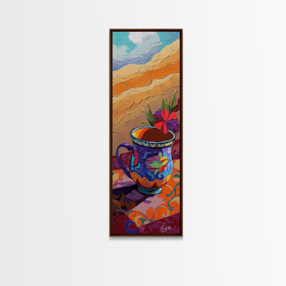Cup Hibiscus, Coffee, Bold - Framed Canvas Print coffee lover gift, tropical mug painting, breakfast nook decor, colorful boho wall art