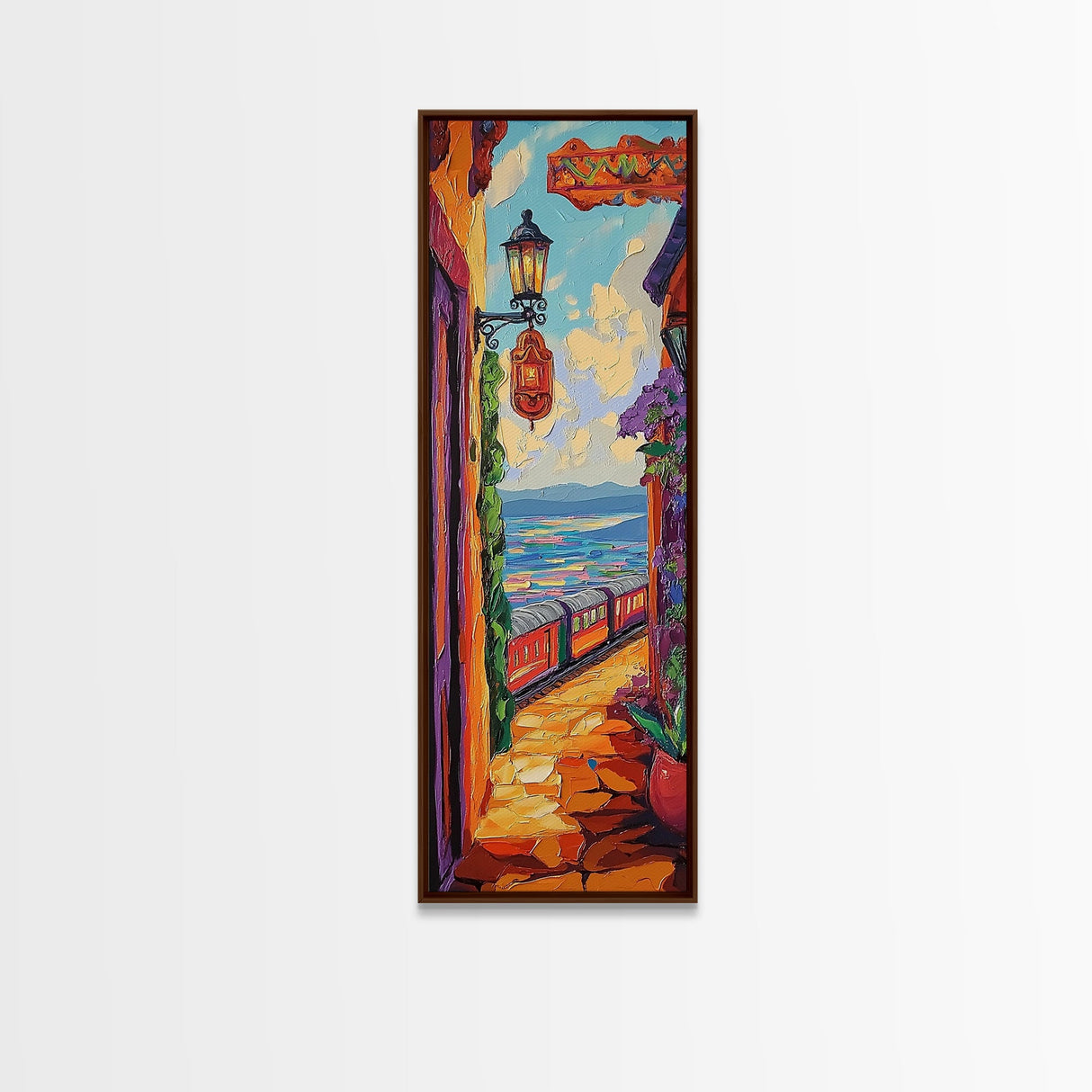 Train Seaside, Pathway Charming — Framed Canvas Print, whimsical travel artwork, Mediterranean street painting, kitchen decor, coastal scene