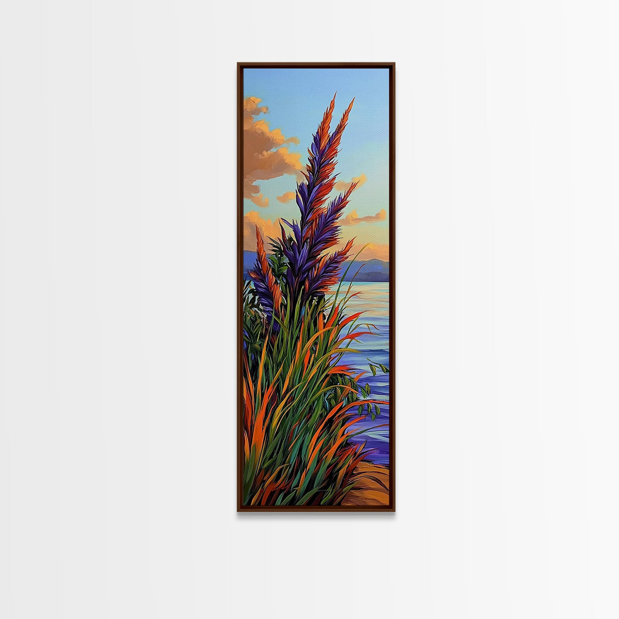 Feather Grass, Sunset Field, Colorful Coastal Landscape, Framed Canvas Print, Boho Bedroom Wall Art, Nature Inspired Living Room Decor