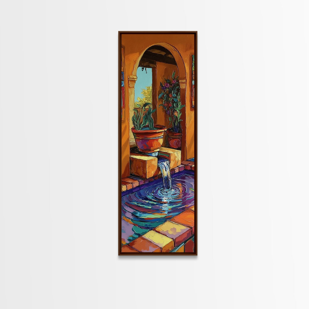 Courtyard Fountain, Terracotta Colors, Spanish Style Decor, Framed Canvas Print, Rustic Kitchen Wall Art, Mediterranean Patio Scene