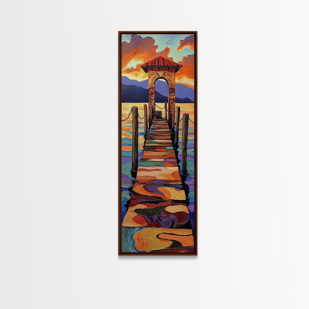 Sunset Pier, Pathway, Landscape, Framed Canvas Print, Coastal Wall Art, Sunset Beach Decor, Living Room Art, Colorful Landscape Painting