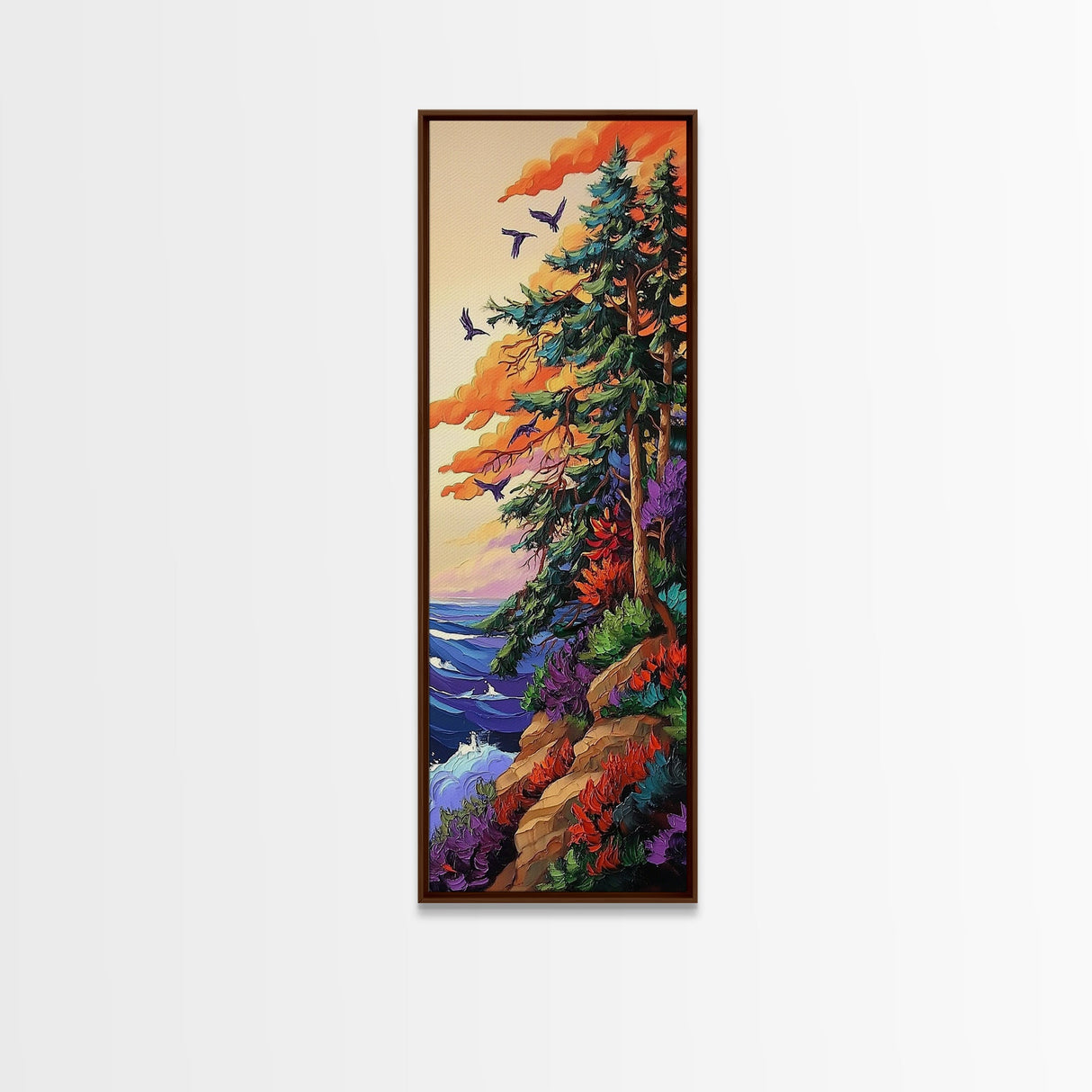 Forest Cliffside, Birds, Ocean, Canvas Print, vibrant fall art, whimsical nature scene, cabin wall art, living room or den decor
