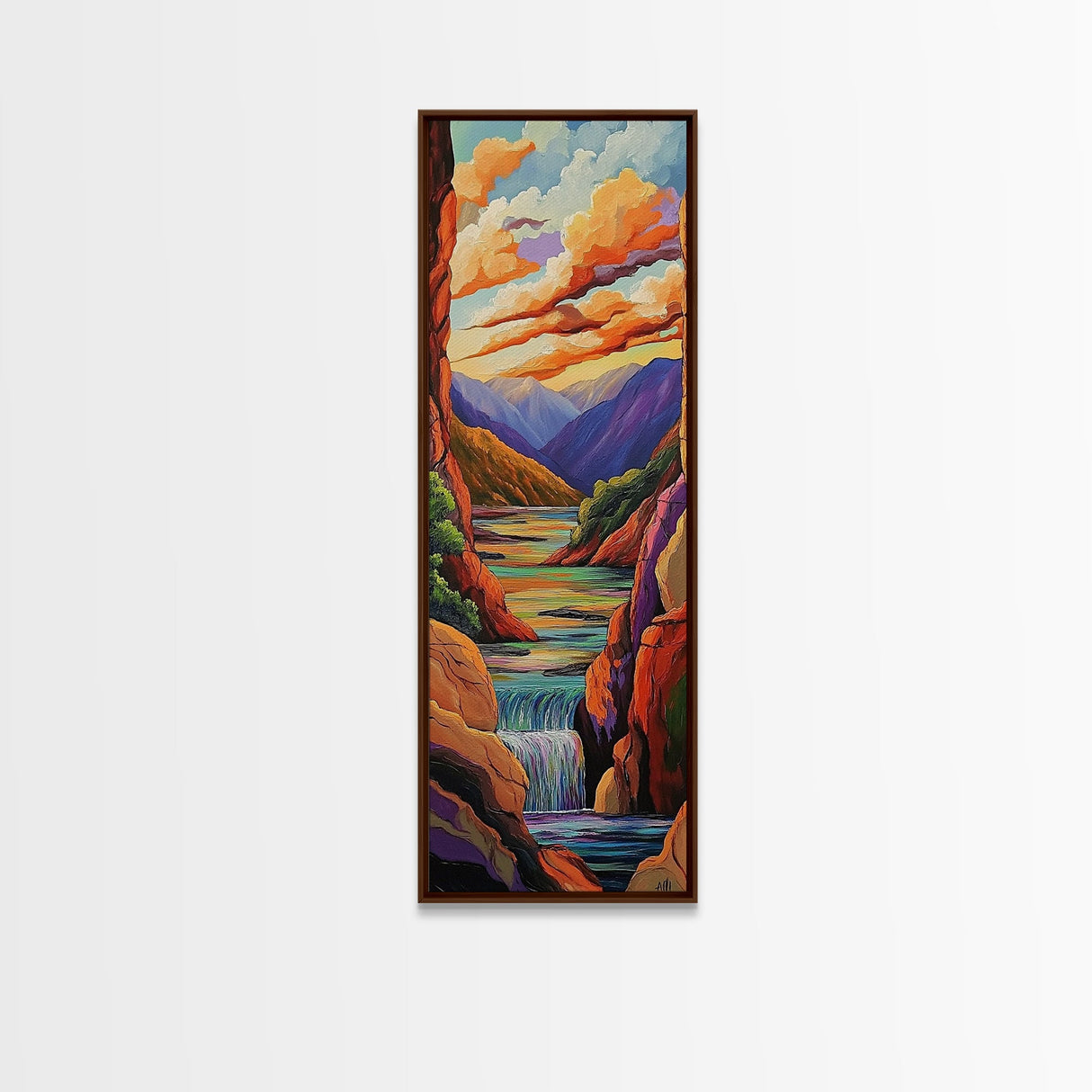 Canyon Sunset, Waterfall Calm, Framed Canvas Print, dramatic mountain wall art, nature inspired living room decor, colorful scenic landscape