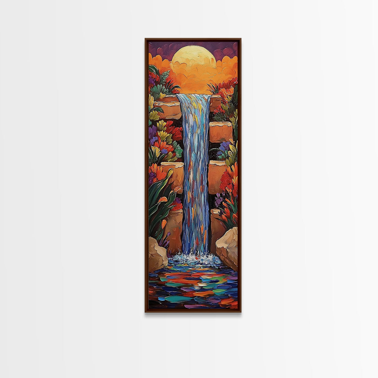Sunset Waterfall, Flowers Fantasy, Framed Canvas Print, Vibrant landscape art, living room boho decor, magical nature scene