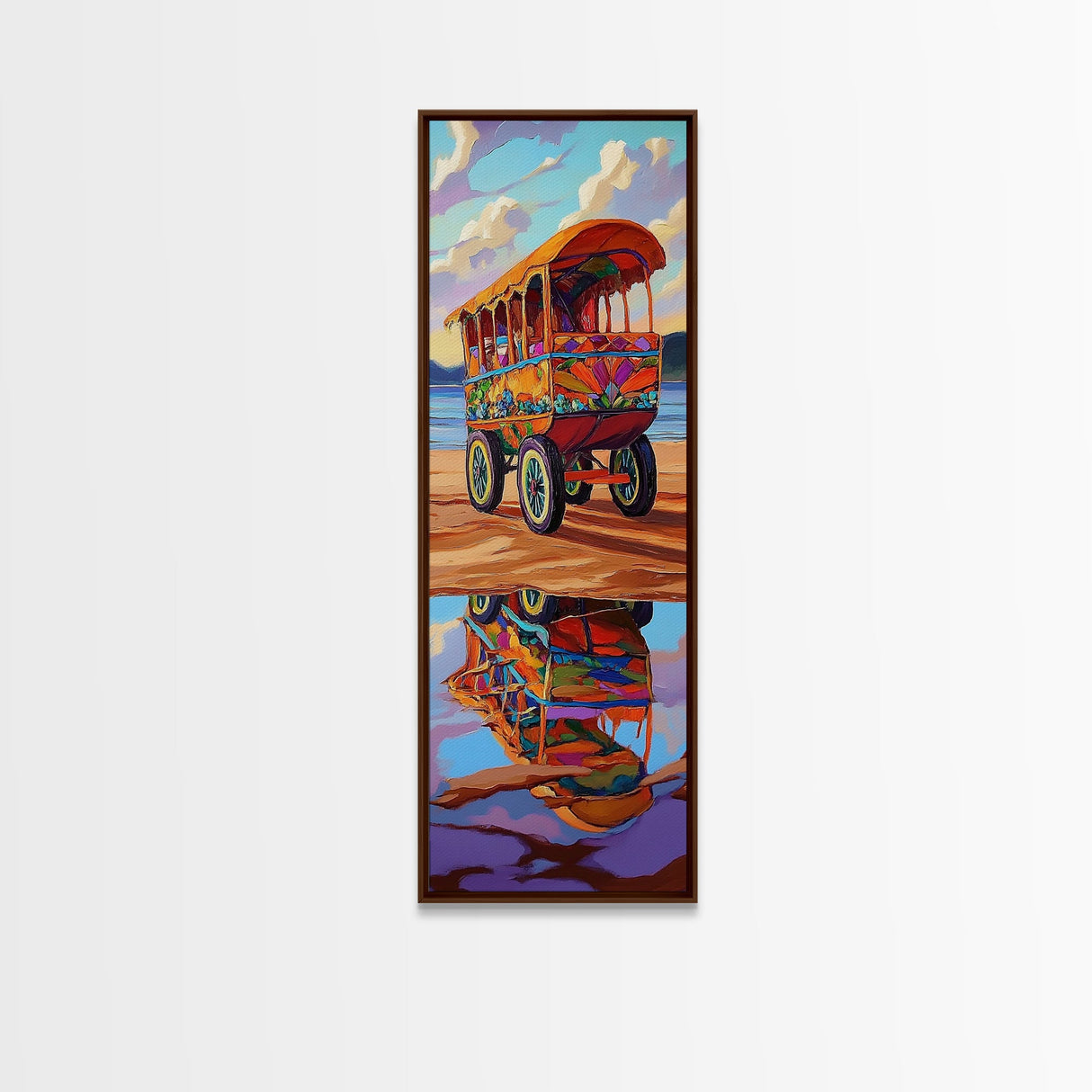 Wagon Reflection, Beach Vibrant, Framed Canvas Print, Colorful bohemian coastal art, living room decor, whimsical wall painting