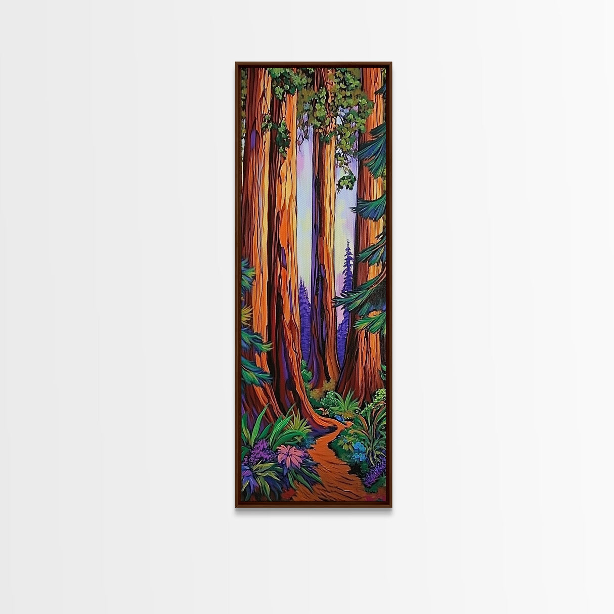 Redwood Forest, Pathway, Serenity - Framed Canvas Print, majestic tall trees art, calming woodland wall décor, rustic cabin or den decor
