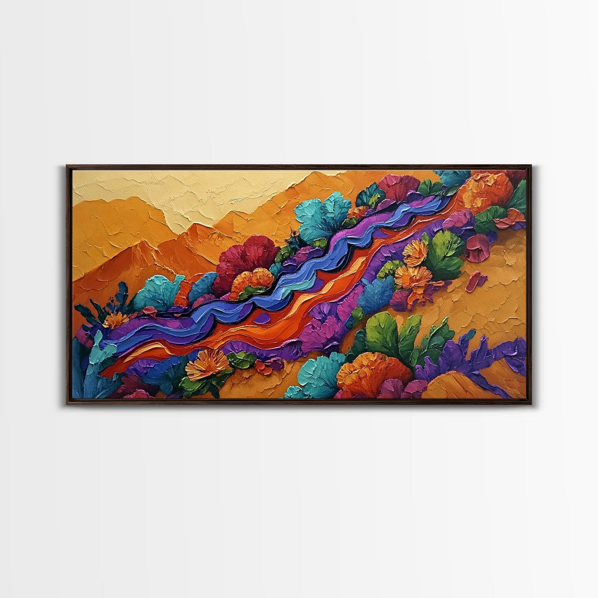 Mountains Flowers, Layers, Texture, Canvas Print, colorful impasto abstract mountain scene, modern art piece, textured fall wall decor