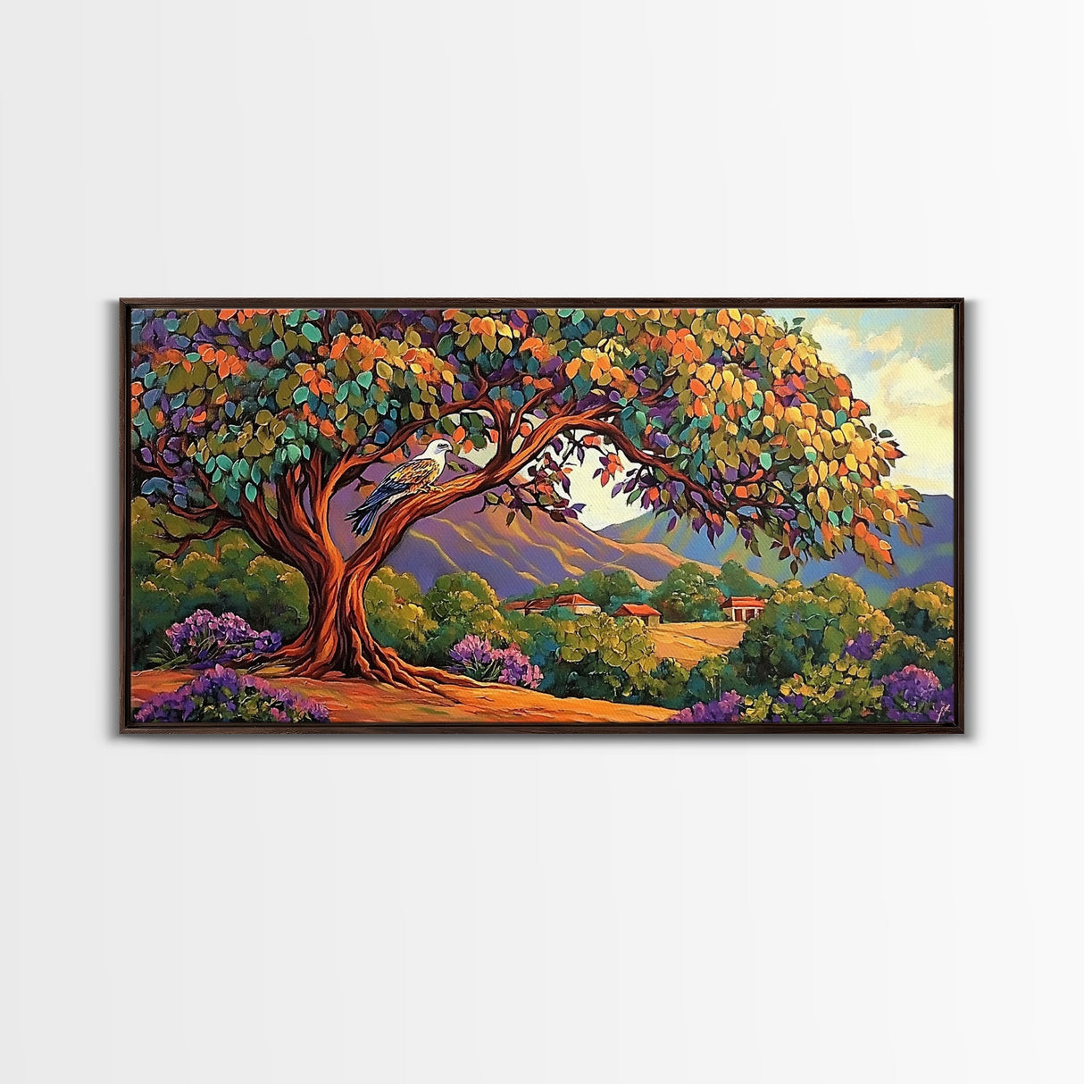 Tree Bird, Village, Sunset, Canvas Print autumn countryside art, peaceful nature wall painting, colorful landscape, farmhouse decor