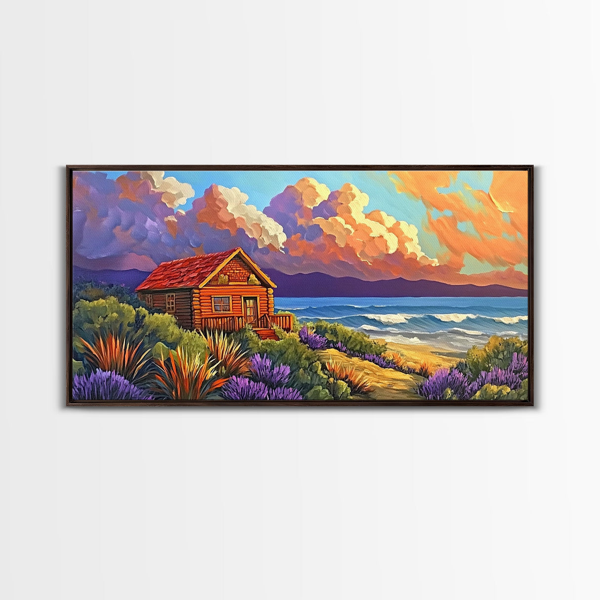 Cabin by Ocean, Colorful Beach Sunset, Cloudy Sky Art, Canvas Print, Autumn Wall Decor, Cozy Living Room Art, Rustic Coastal Scene