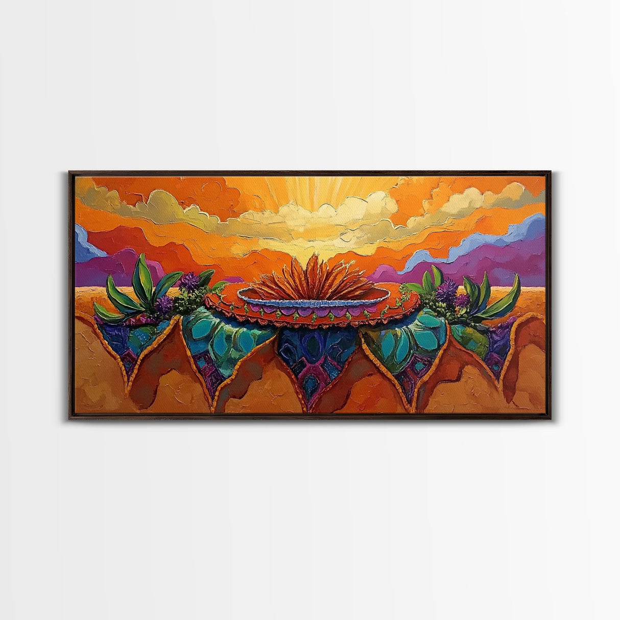 Sunrise Desert, Bloom, Canvas Print, Vibrant desert sunrise painting, boho southwestern art, Bedroom Wall Art, botanical decor