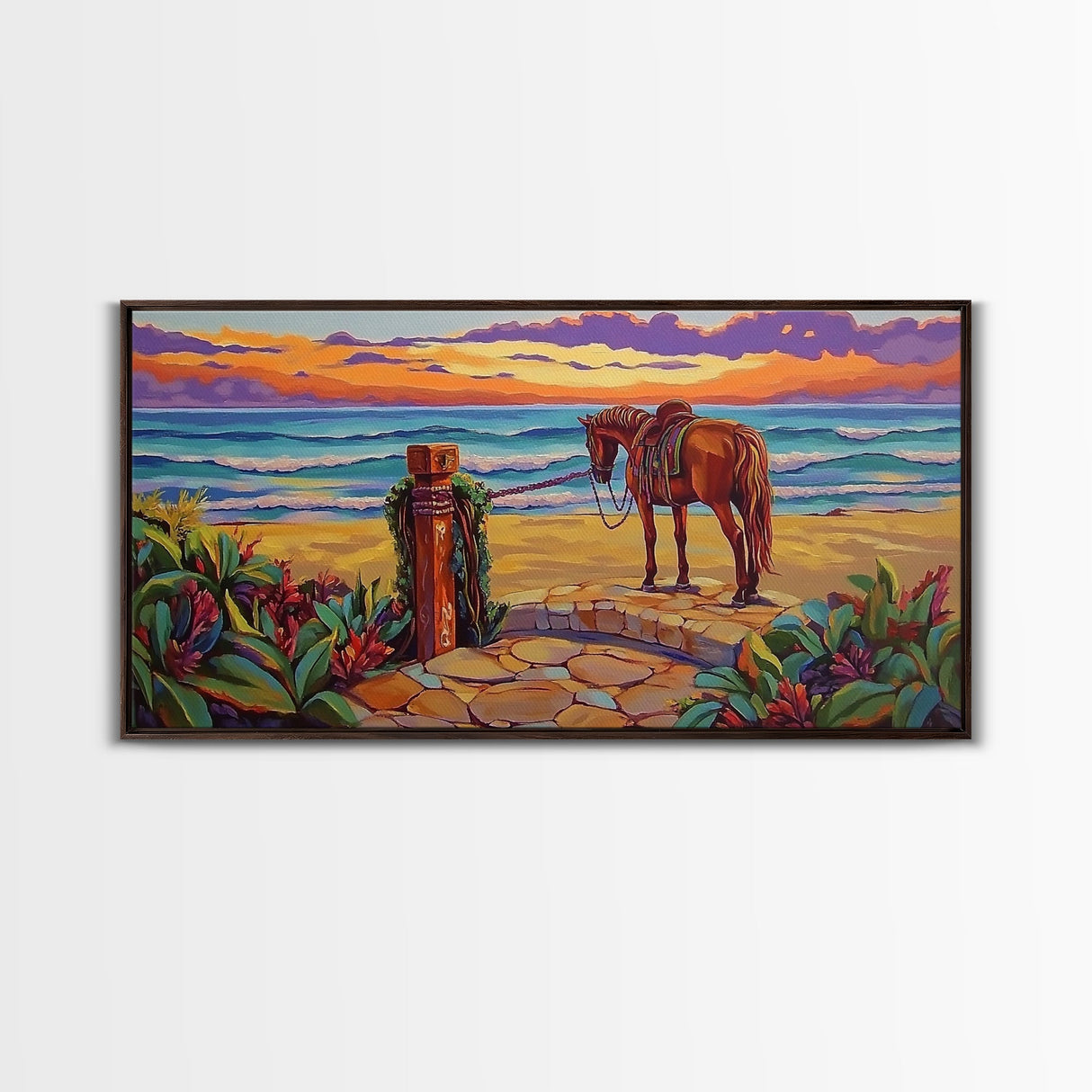 Horse Beach, Sunset, Western, Framed Canvas Print, Cowboy Art, Coastal Wall Decor, Rustic Boho Style, Entryway Statement Piece