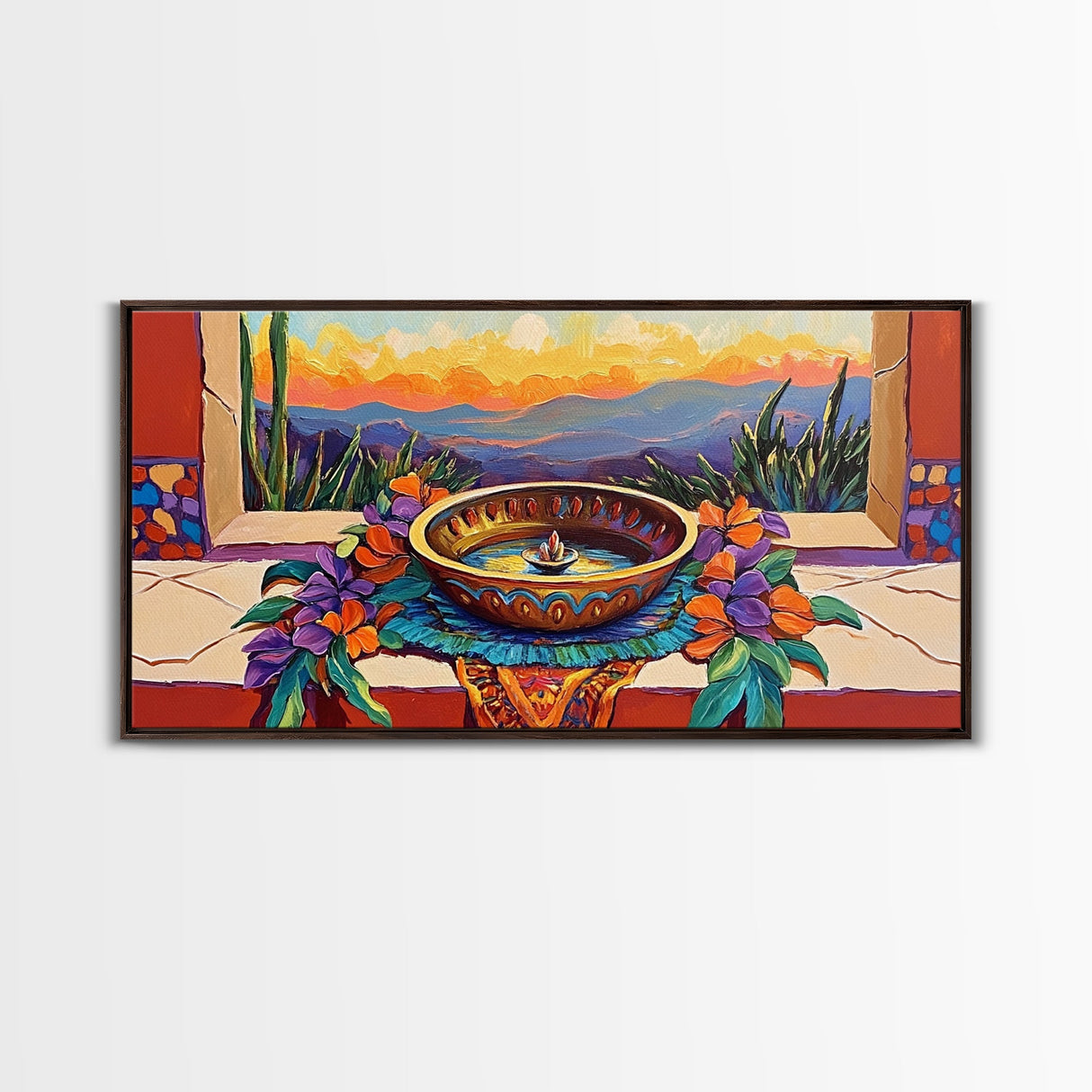 Fountain Sunset Flowers, Serenity, Framed Canvas Print, Southwestern Wall Art, Boho Vibe, Tranquil Home Decor, Kitchen or Entryway Art