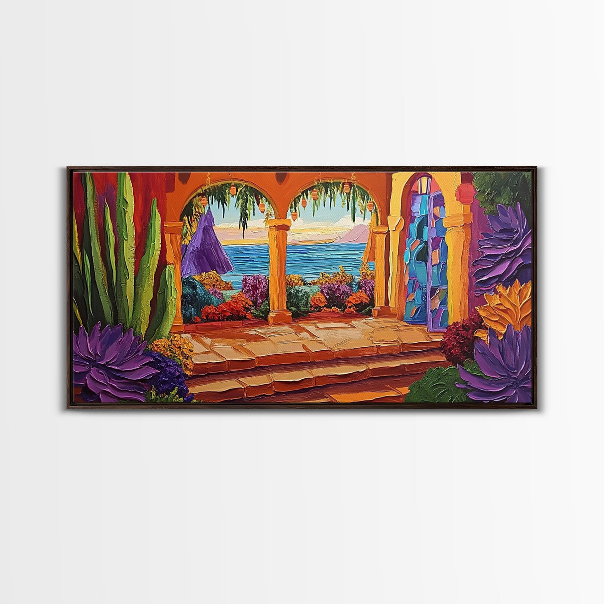 Patio Ocean, Paradise, View, Canvas Print tropical patio view art, living room coastal decor, sunset painting, Mediterranean vibes