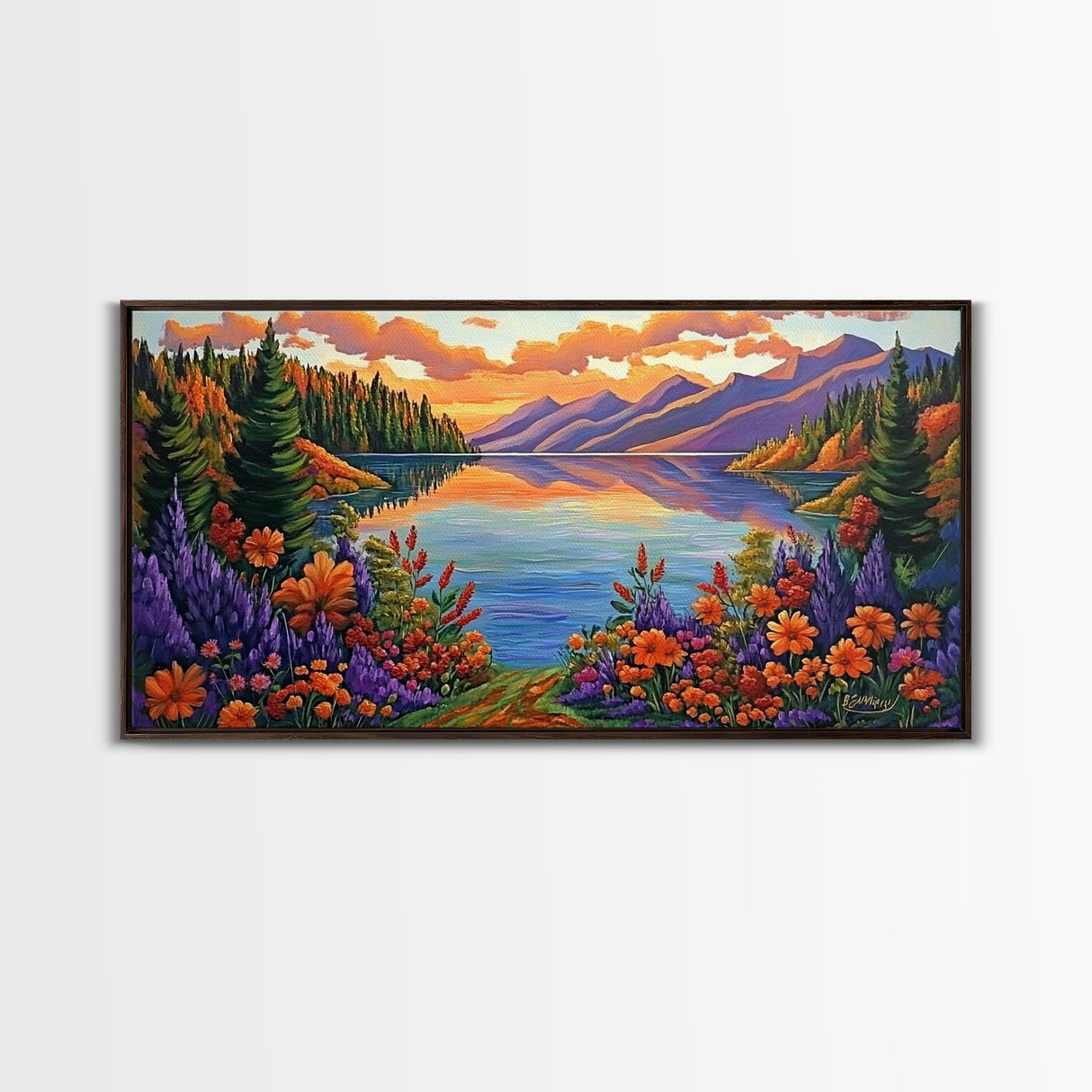 Mountain Lake, Sunset Reflection, Wildflower Meadow, Canvas Print, Vibrant Nature Art, Living Room or Cabin Wall Decor