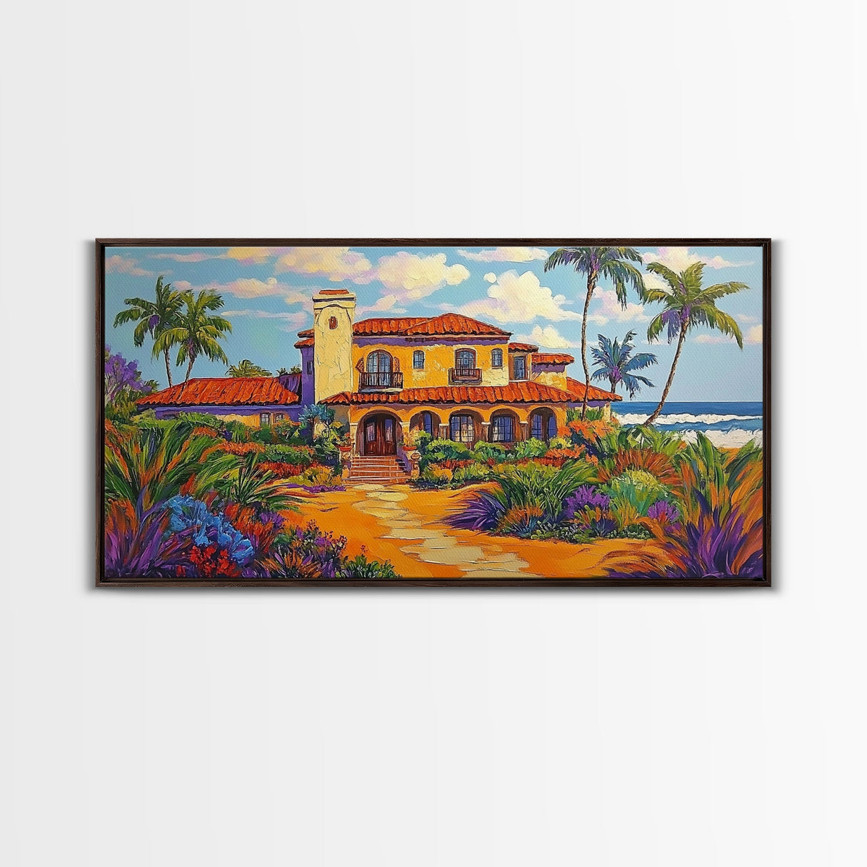 Tropical Villa, Palm Trees, Coastal, Framed Canvas Print, Spanish beach house art perfect Dining Room Wall Art or Vacation Home Decor