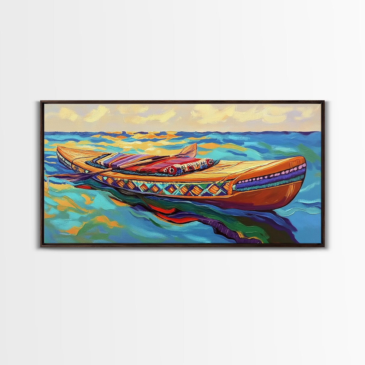 Canoe Water, Colorful, Tribal, Canvas Print, boho kayak art, nautical decor, beach house wall art, rustic folk painting, summer vibe