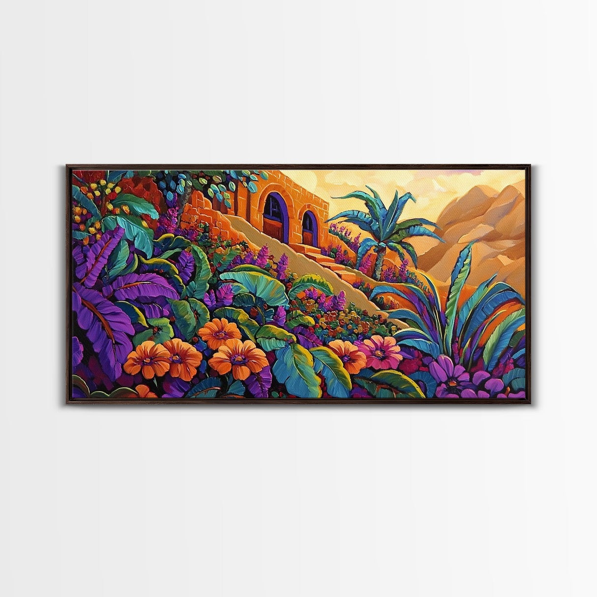 Jungle, Flowers, Adobe, Hillside, Framed Canvas Print tropical wall art, vibrant living room decor, boho jungle scene painting