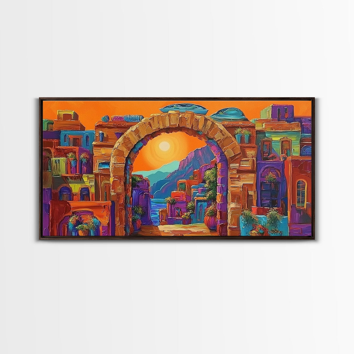 Arch Village, Sunset, Canvas Print, Mediterranean Town Wall Art, Colorful Travel Decor, Eclectic Living Room, Warm Sunset Vibe Art