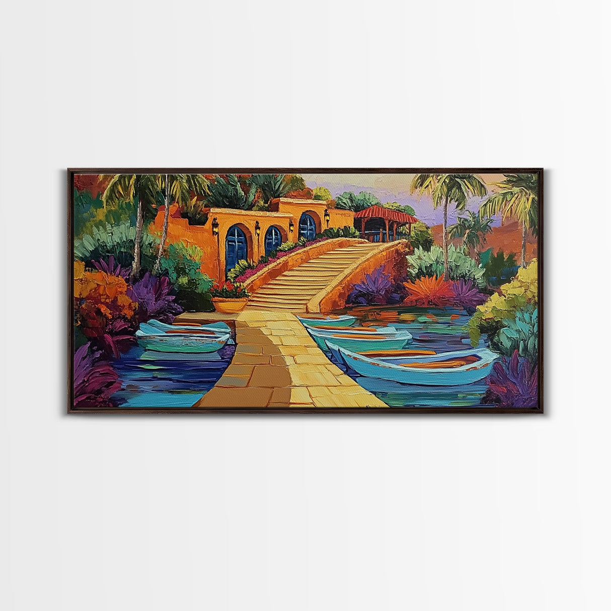 Tropical Boats, Colorful, Lagoon, Canvas Print, boats docked at tropical villa, Living Room Wall Art, vibrant coastal art, boho décor