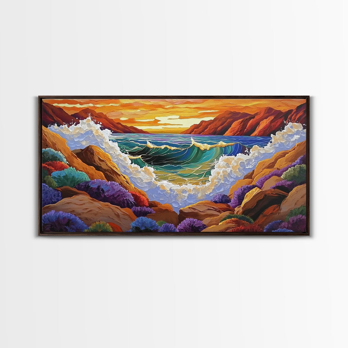 Wave Crash, Sunset Coast, Rocky Horizon, Canvas Print, Dramatic Seascape Wall Art, Ocean Inspired Living Room Art, Study Decor