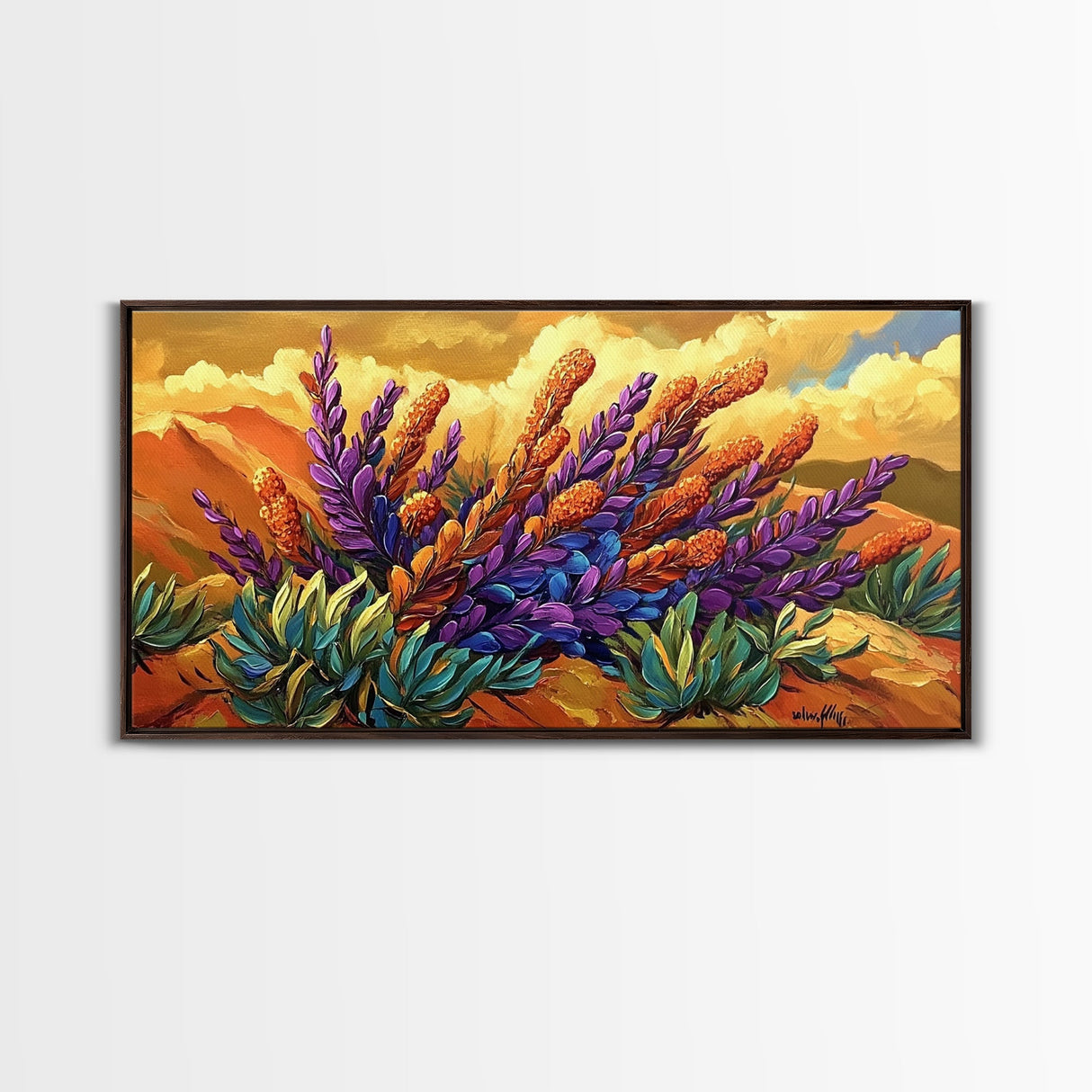 Lavender Bloom, Desert, Hillside, Framed Canvas Print Vibrant floral wall art, southwest boho style, Autumn art, hallway decor