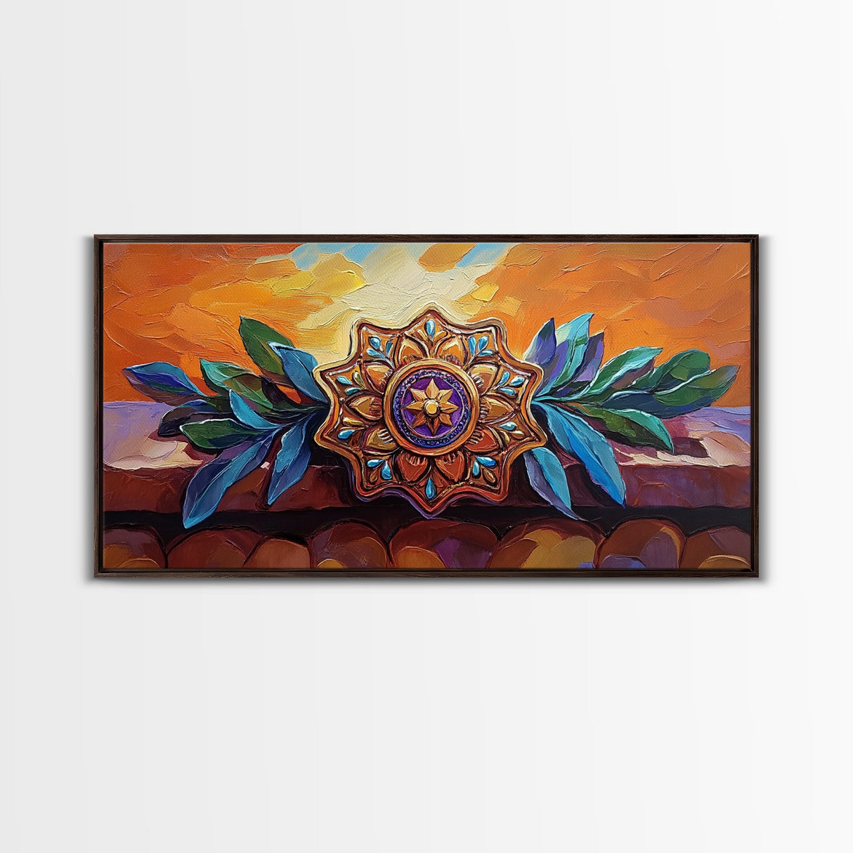 Mandala Sunset, Leaves, Ornament, Framed Canvas Print, spiritual boho wall decor, entryway wall art, zen home sacred symbol painting