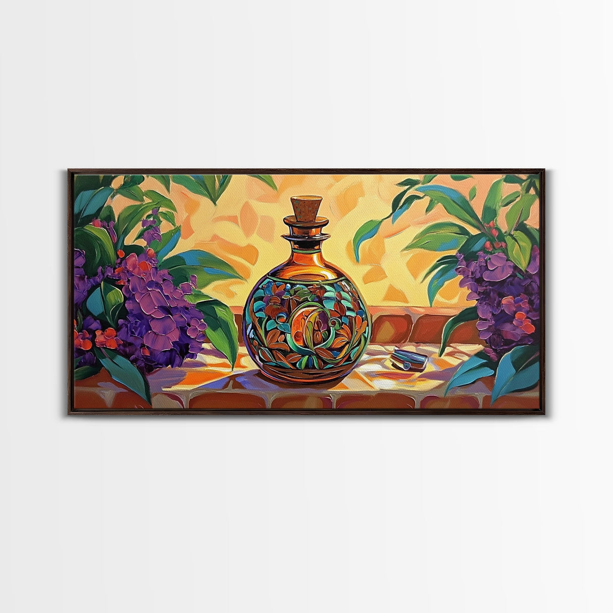 Tequila Bottle, Floral, Decor, Framed Canvas Print, Mexican kitchen wall art, vibrant bottle painting, fiesta bar wall boho artwork