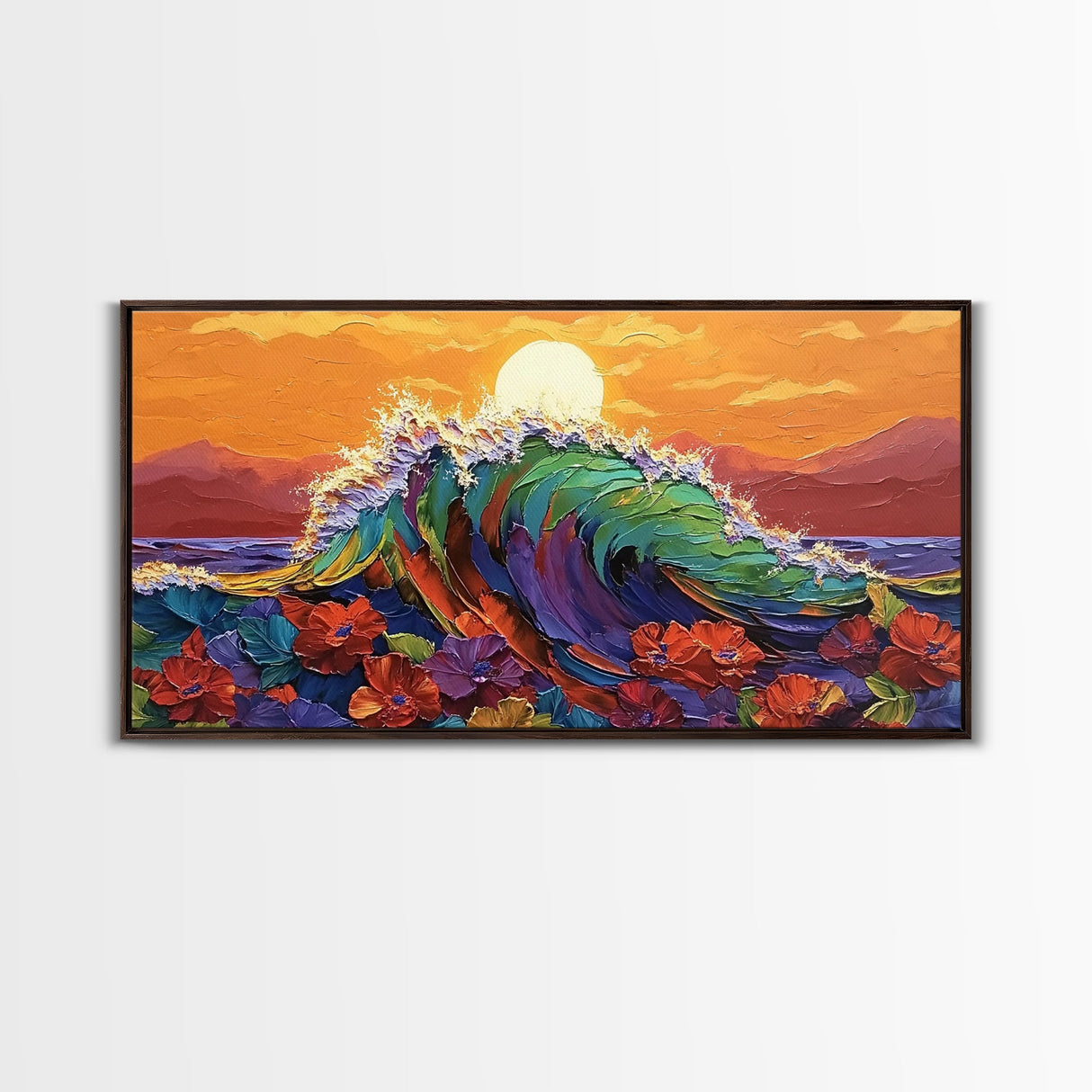 Sunset Wave, Floral, Ocean, Canvas Print, Tropical beach flower art, vibrant ocean wave decor, living room painting, sunset seascape