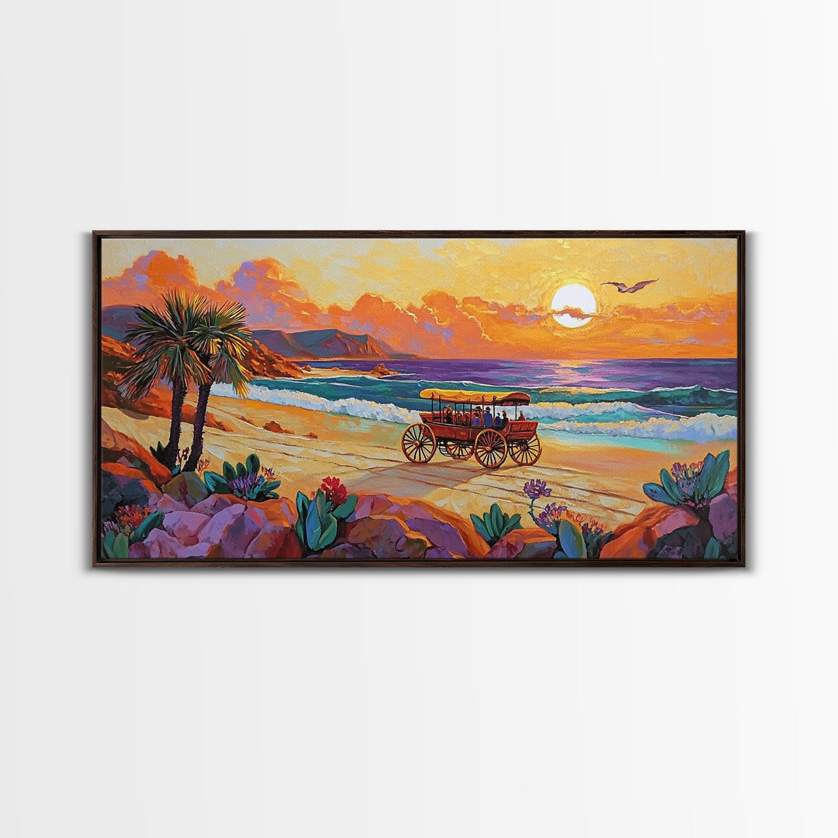 Horse Carriage, Sunset, Beach, Framed Canvas Print, coastal western art, rustic sunset scene, boho living room wall decor