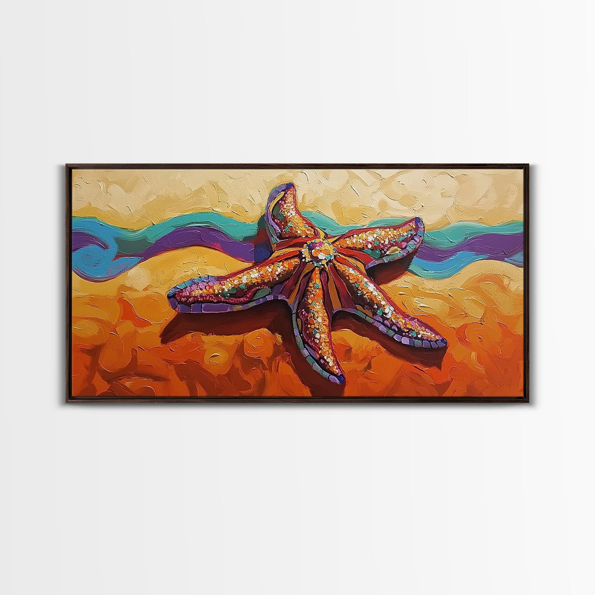 Starfish Beach, Colorful, Textured, Framed Canvas Print, coastal boho decor, ocean theme, beach house bathroom wall art