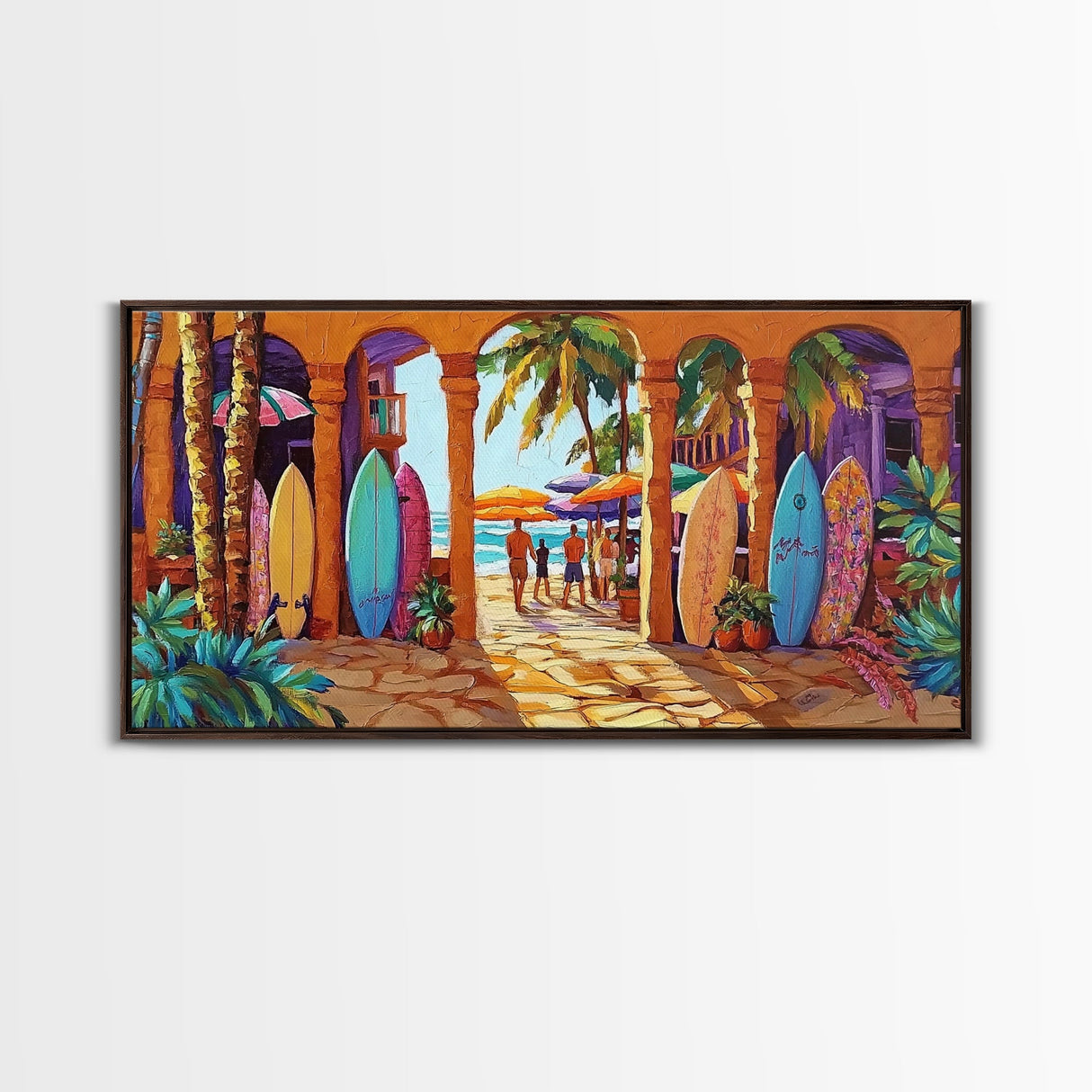 Surfboards Beach, Tropical, Colorful Life, Framed Canvas Print, Coastal Art, Entryway Wall Decor, Surf Shack Vibes, Tropical Summer