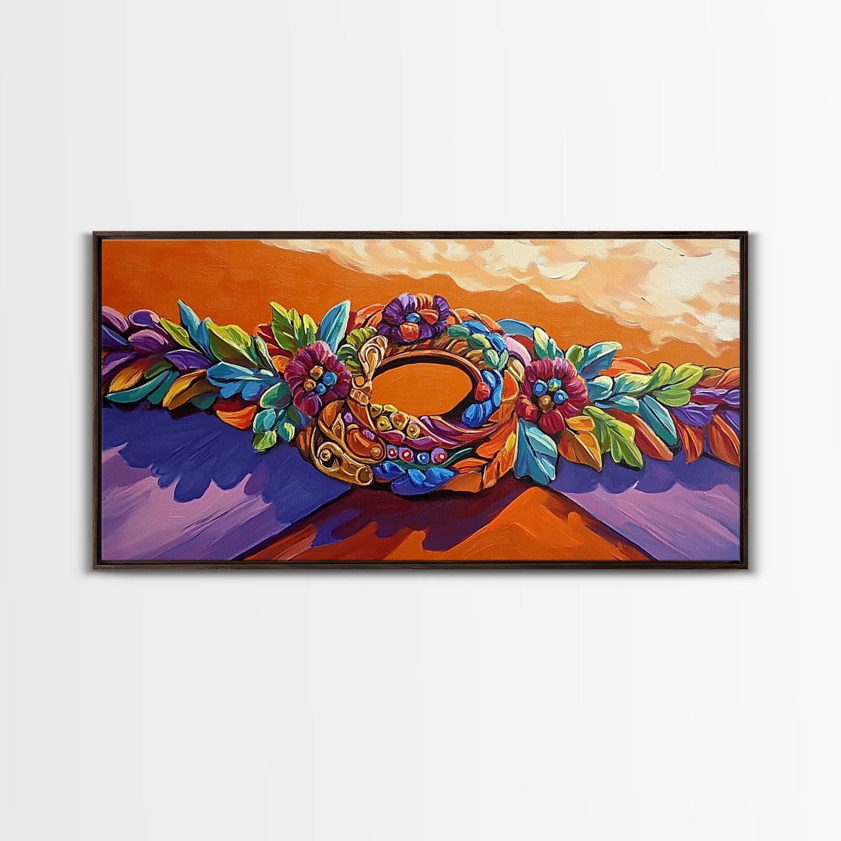 Wreath Orange, Floral, Framed Canvas Print, Bright Floral Crown Wall Decor, Whimsical Art Style, Bohemian Bedroom Artwork
