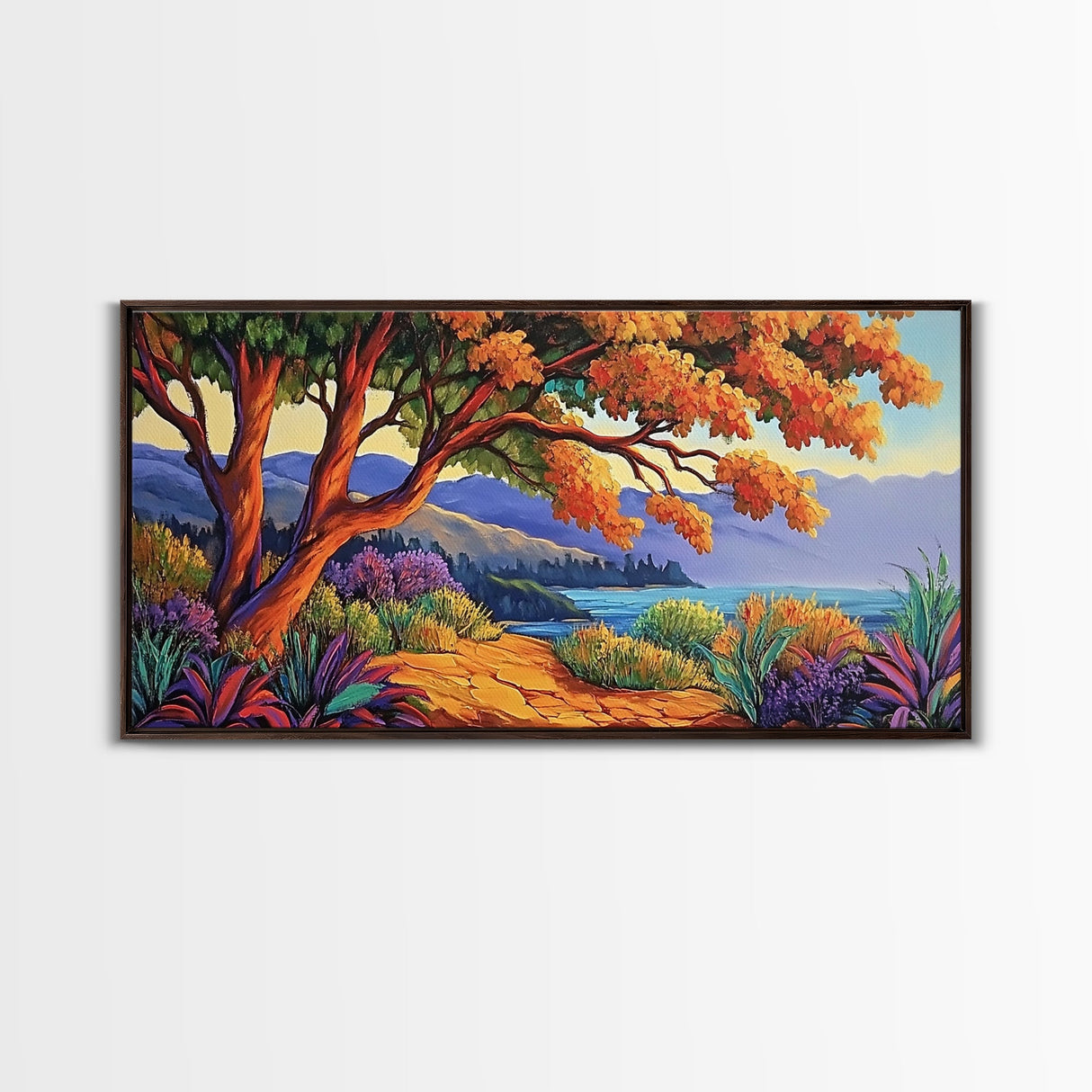 Tree Ocean, Autumn, Path, Coastal autumn treescape, Canvas Print, Warm Fall Tones, Nature Lover Gift, Living Room or Study Art
