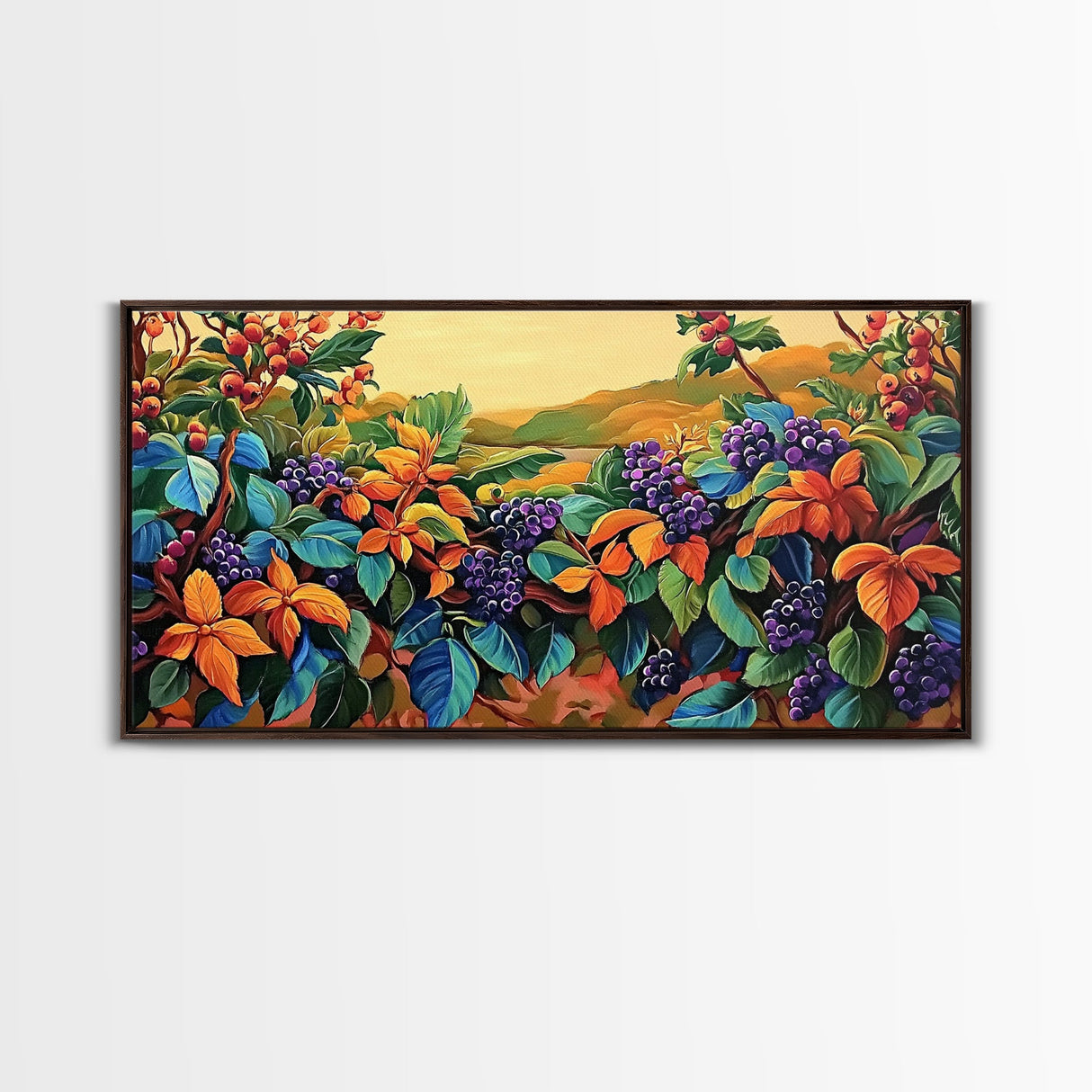 Grapes Harvest, Vineyard, Autumn, Framed Canvas Print vibrant fall kitchen wall art, farmhouse harvest decor, vineyard fruit painting
