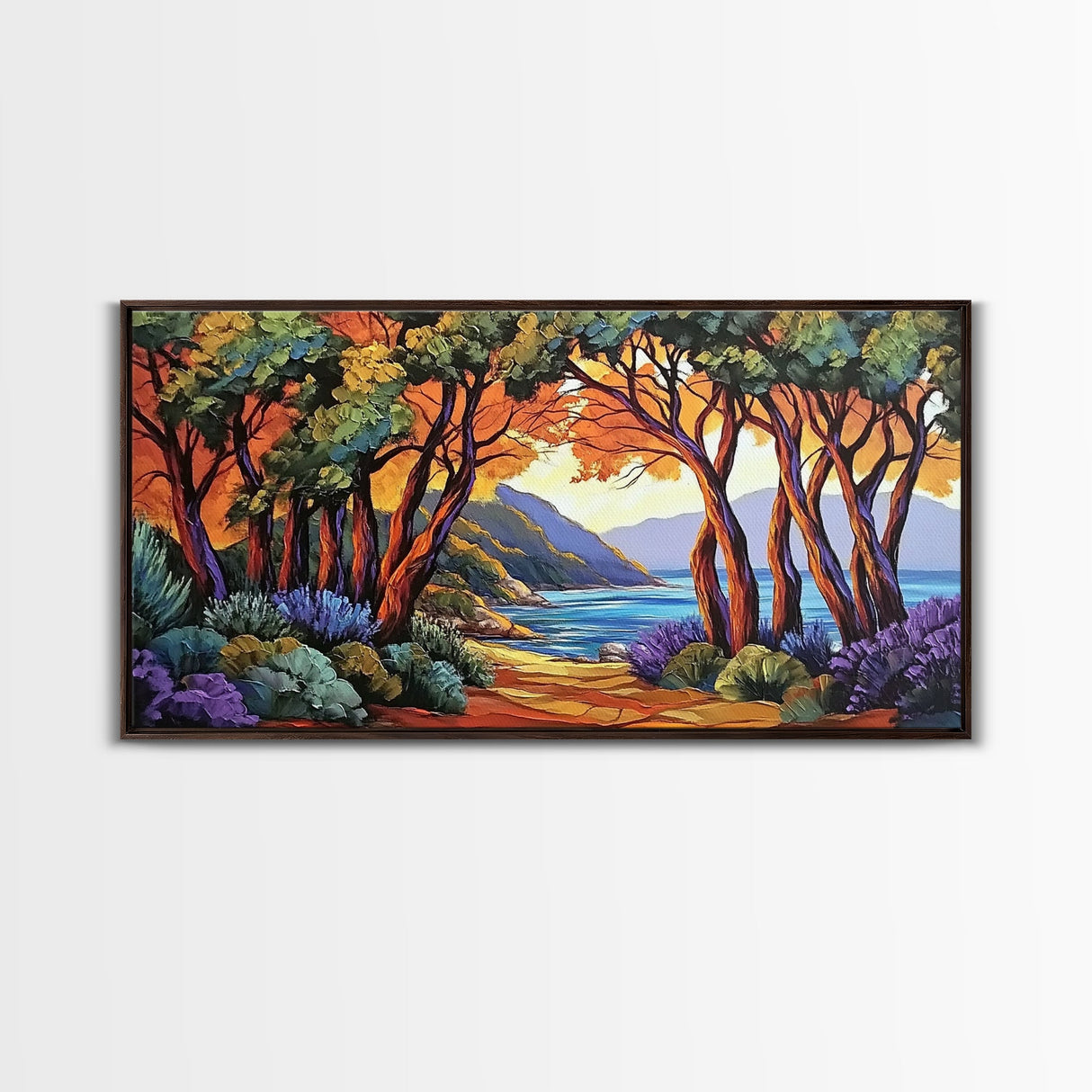 Trees Autumn, Ocean Trail, Canvas Print, Fall landscape, trees leading to ocean view, colorful palette, Living Room Wall Art