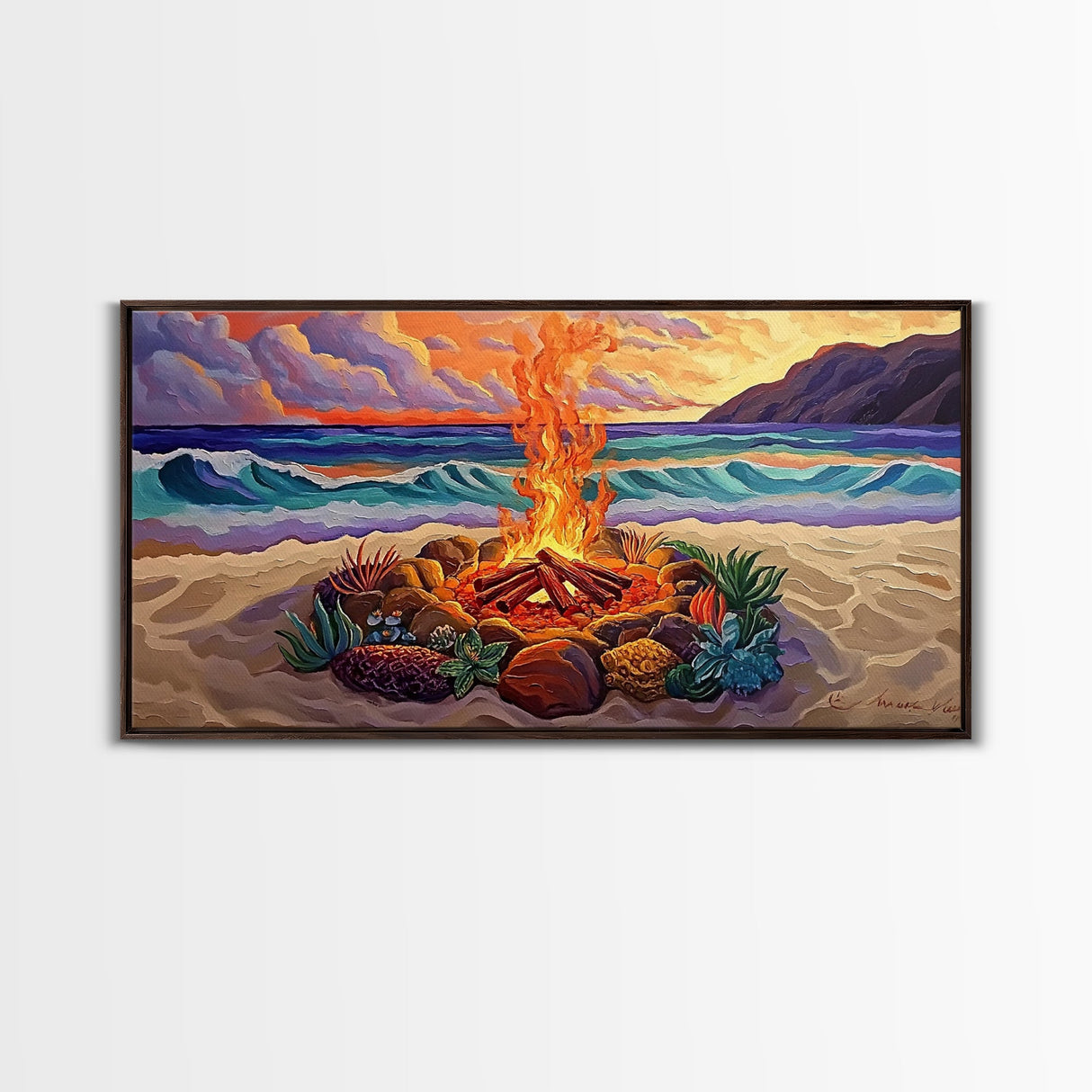 Beach Campfire, Sunset, Tropical Vibes, island evening Canvas Print, fall boho decor, colorful beach firepit living room wall art