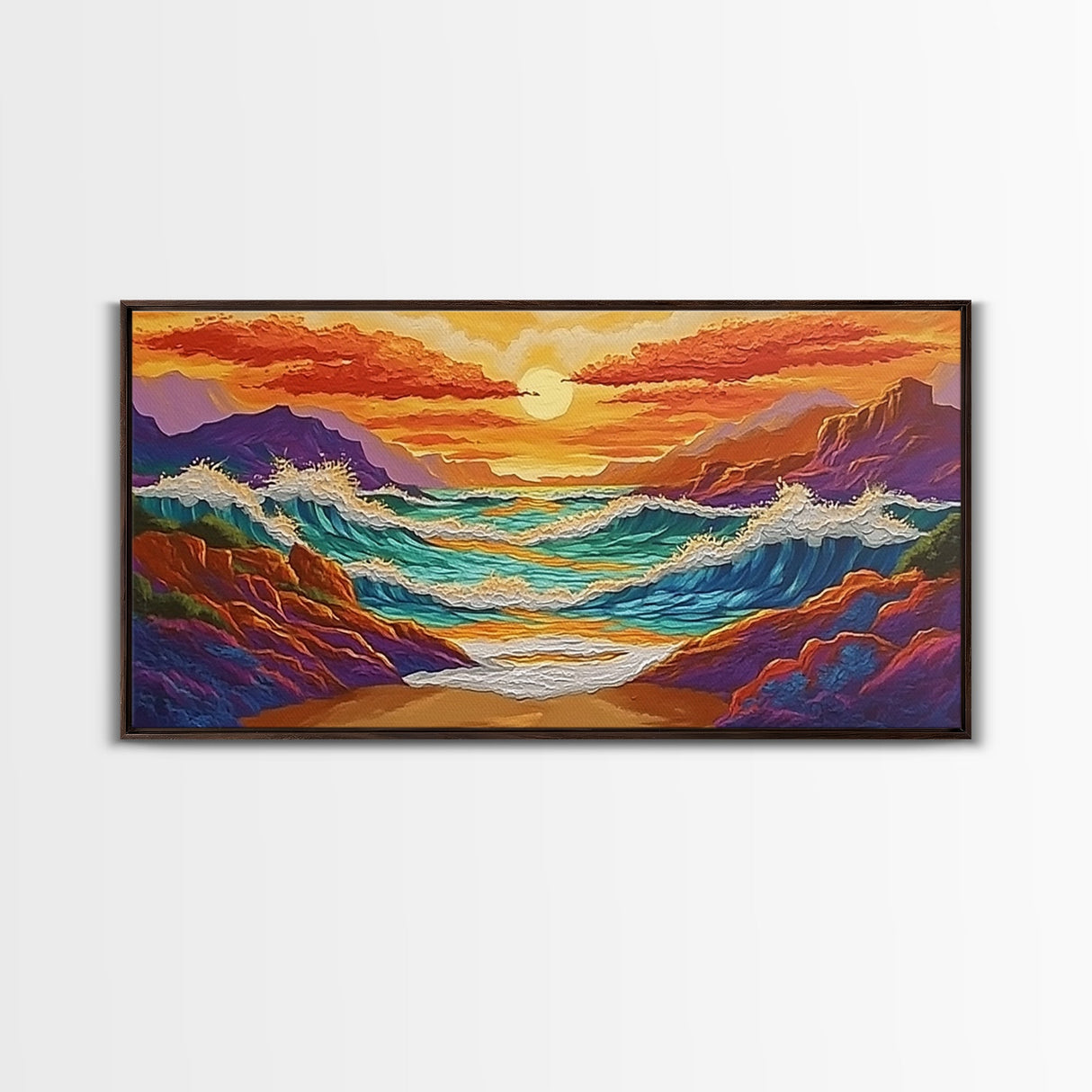 Coastal Sunset, Crashing, Waves, Canvas Print bold seascape painting Living Room Wall Art tropical ocean wall decor beach house style