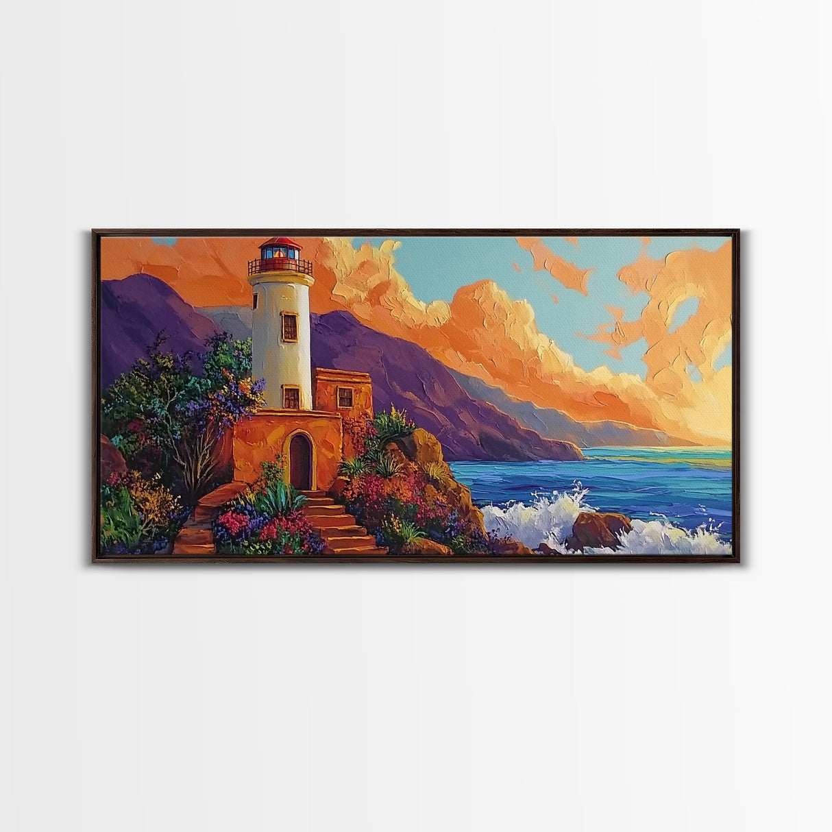 Lighthouse Ocean, Sunset, Cliff, Coastal lighthouse Canvas Print, living room seascape painting, nautical wall decor, sunset vibes art