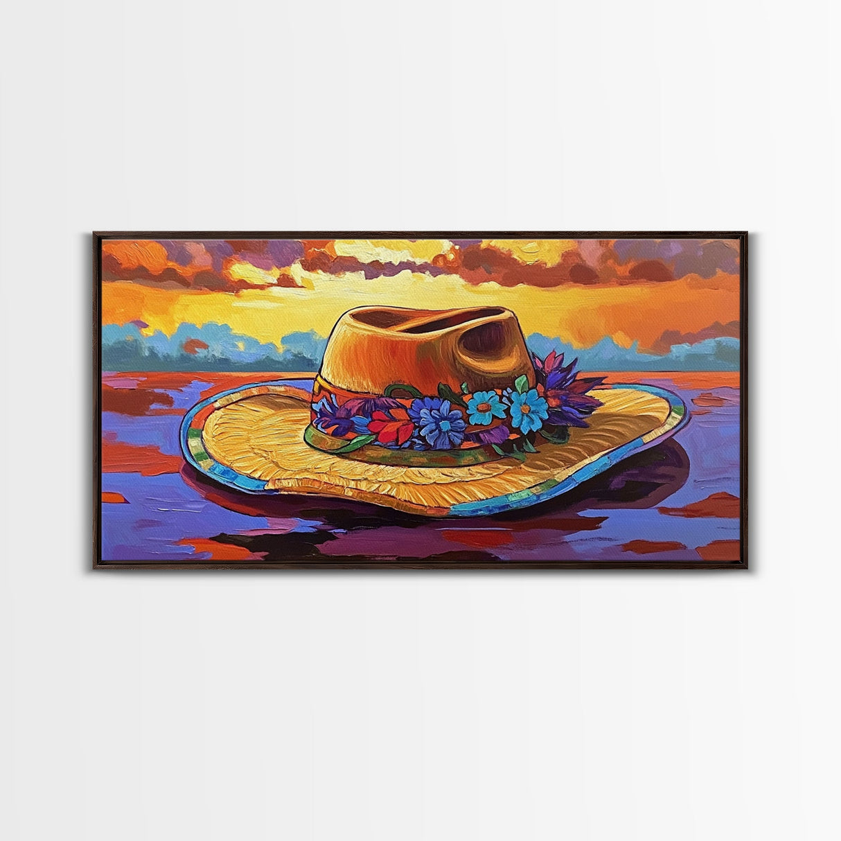 Hat Floral, Sunset, Framed Canvas Print, Boho straw hat with flowers on beach at sunset, Whimsical Summer Art, Entryway Wall Art