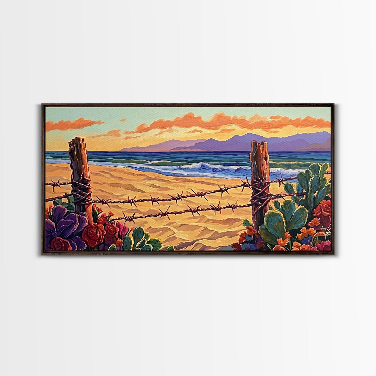 Beach Cactus, Fence, Framed Canvas Print, Vibrant Desert Beach Landscape, Colorful Boho Western Decor, Southwestern Living Room Art