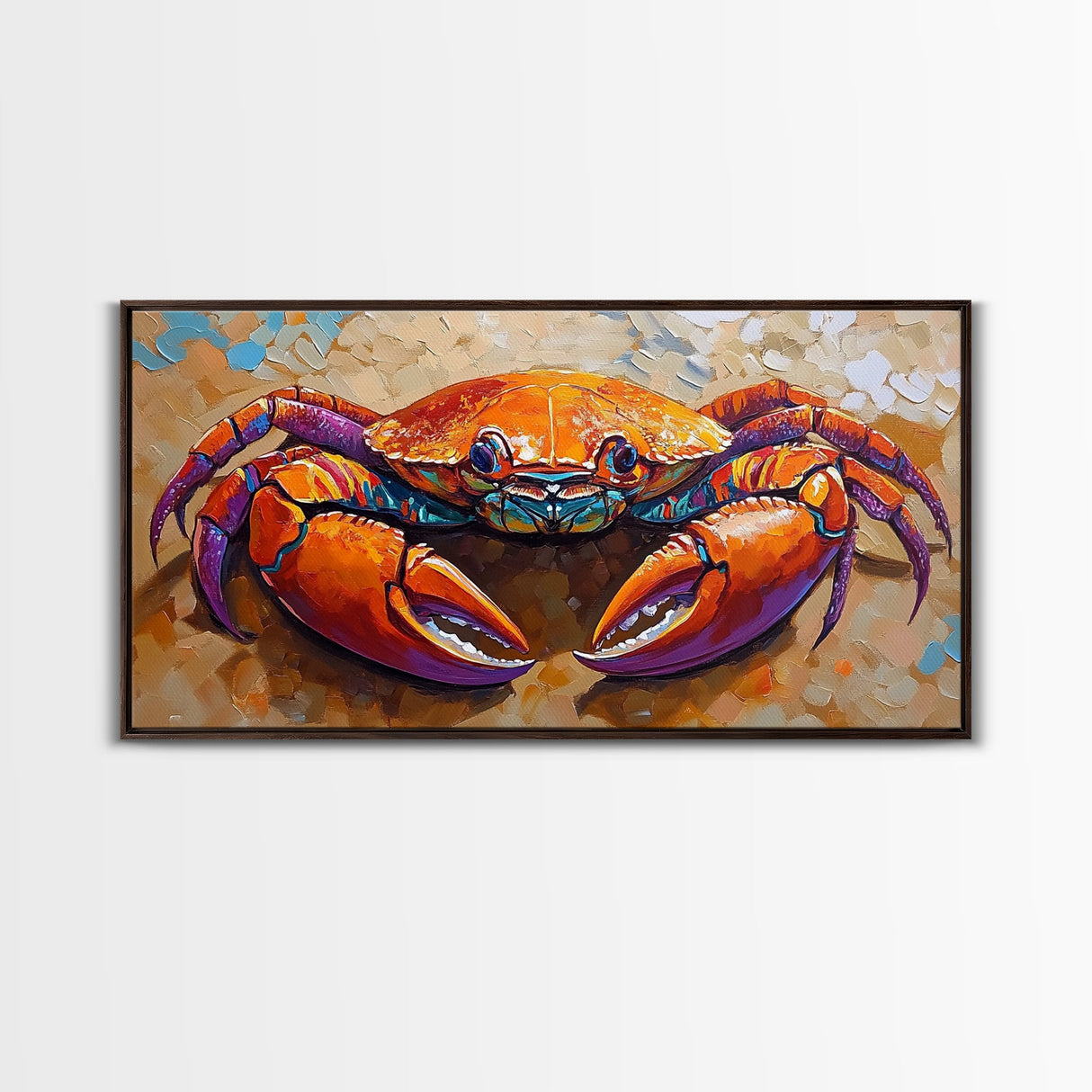 Crab Colorful, Beach, Framed Canvas Print, Brightly painted crab on sand, Ocean Kitchen Decor, Playful Beach Art, Coastal Wall Art