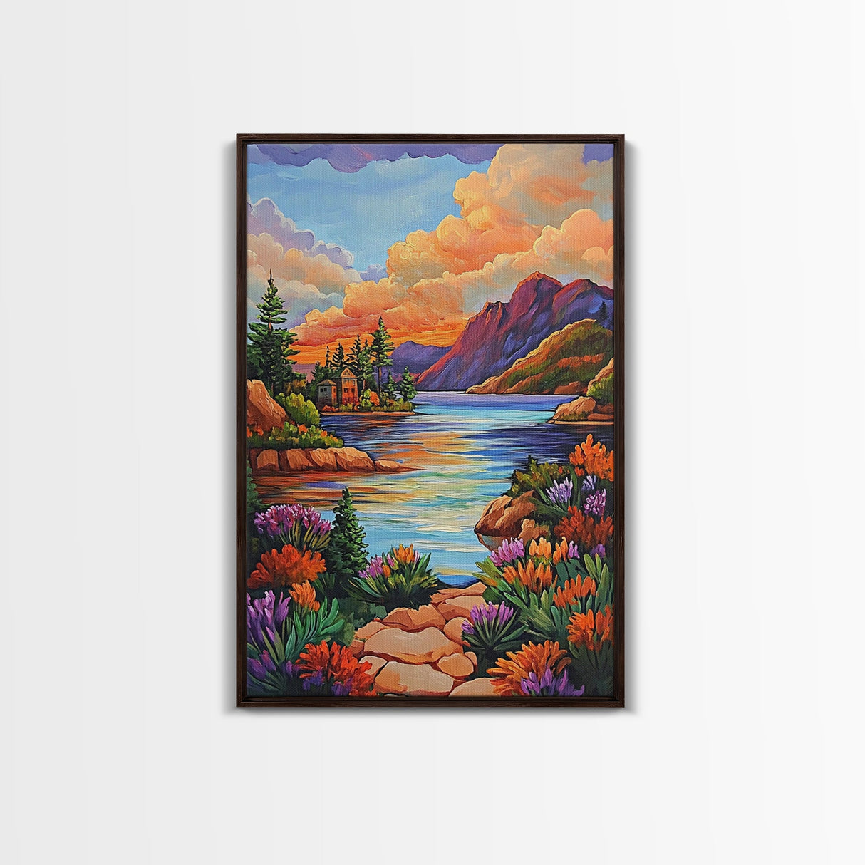 Lake Sunset, Mountains, Cabin, Framed Canvas Print, Serene mountain lake at sunset with cozy cabins, peaceful autumn living room wall art
