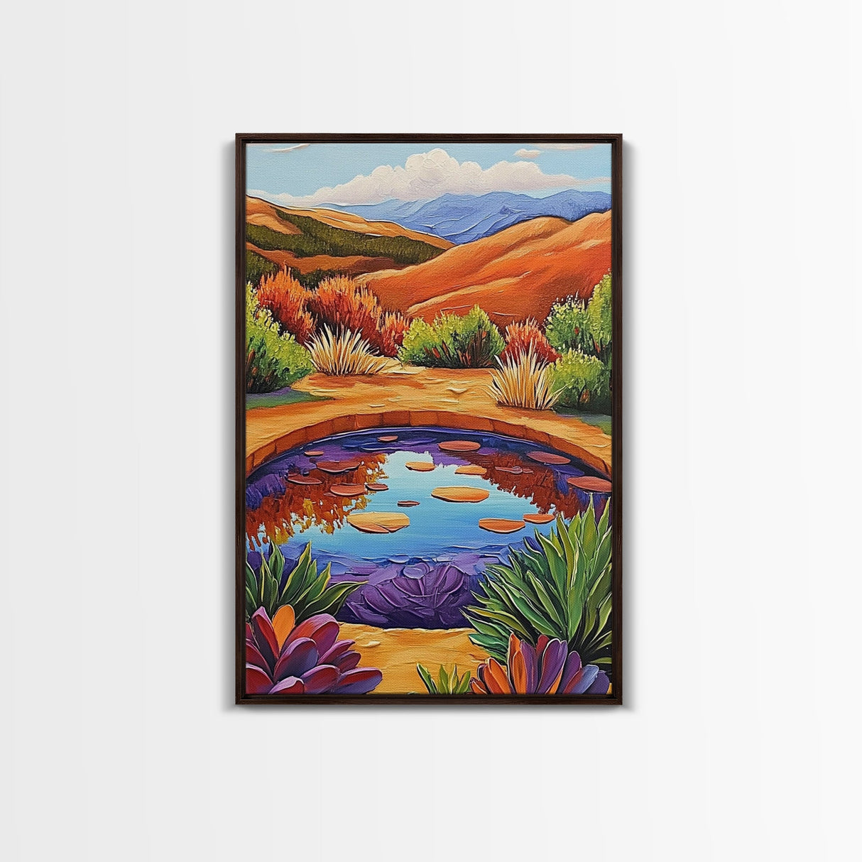 Pond Reflection, Nature, Desert, Framed Canvas Print tranquil desert pond painting, colorful reflection landscape art, entryway wall decor