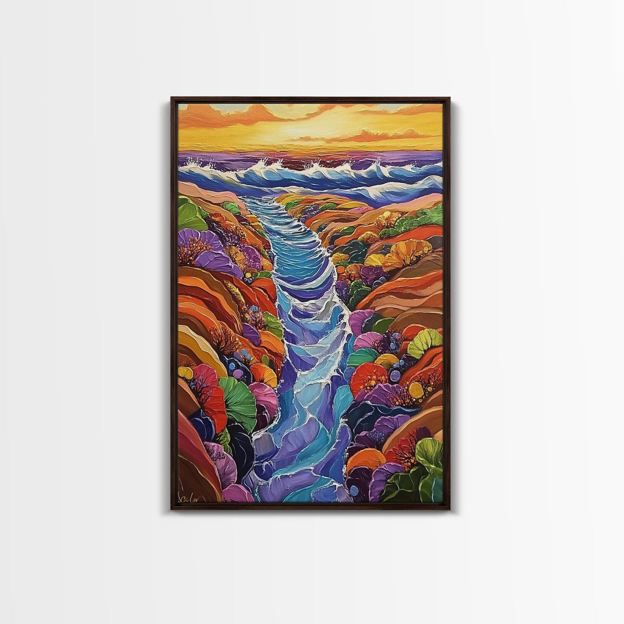Ocean Tidepool, Rainbow, Shoreline, Canvas Print vivid shoreline tidepool painting, colorful abstract coastal artwork, ocean bathroom wall art