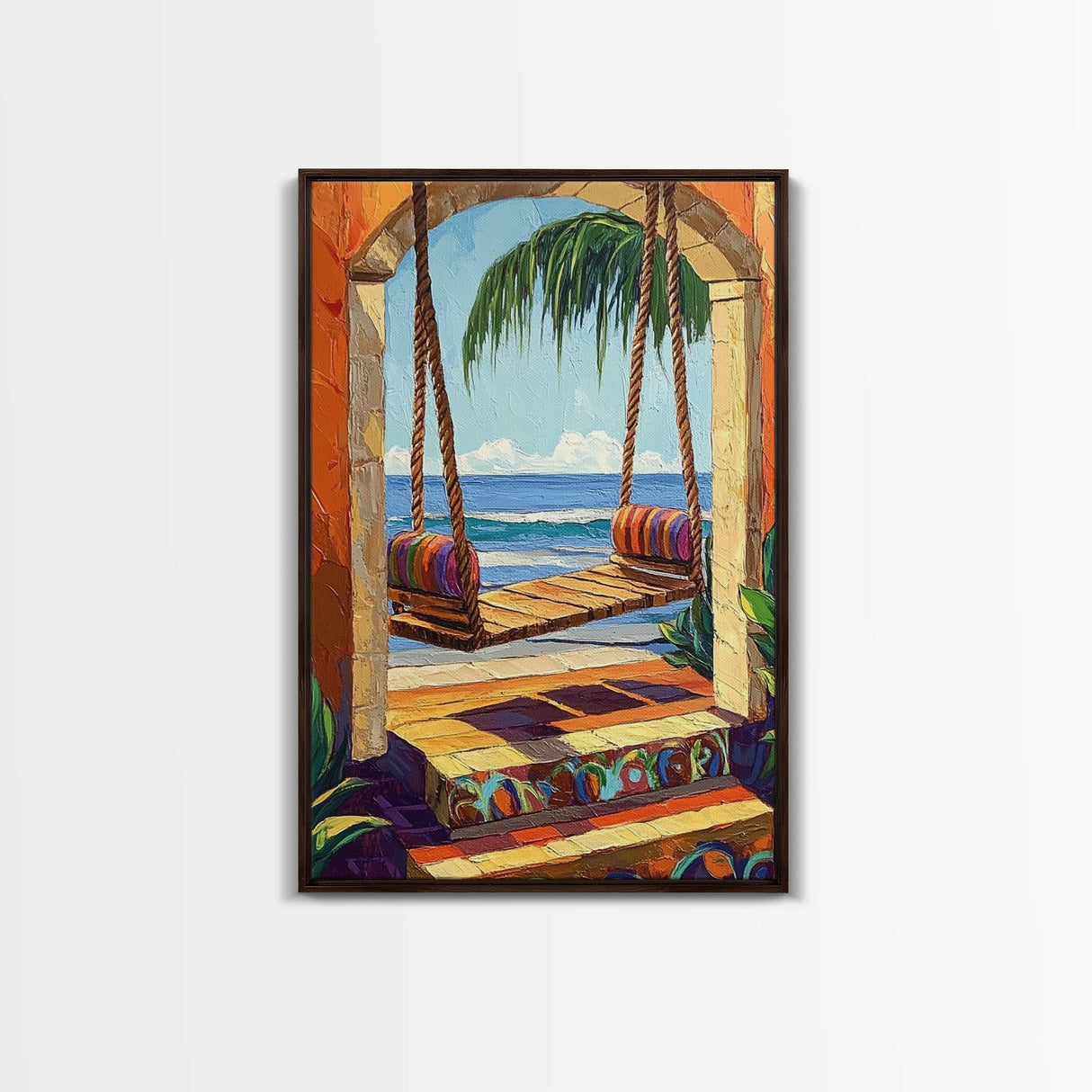 Swing Ocean, Tropical, Archway, Framed Canvas Print, Beach retreat wall art, vibrant tropical decor, Bedroom or Bathroom Wall Art