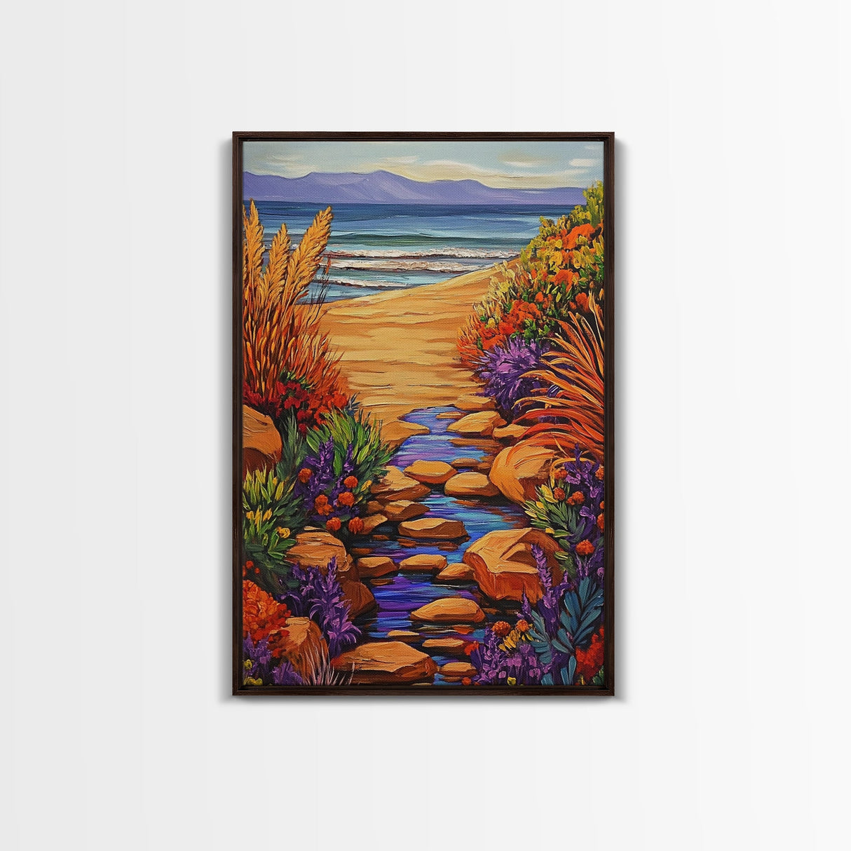 Path Ocean, Flowers, Shoreline, Framed Canvas Print, Bright coastal landscape, colorful wildflower path, Bathroom or Entryway Wall Art